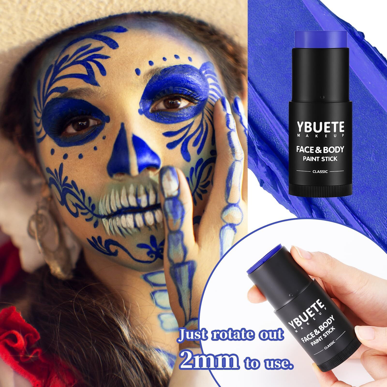 Ybuete Blue Face Body Painting Stick, Professional Full-Coverage Cream Blue Face Paint For Halloween Sfx Cosplay Makeup, Washable Eye Body Stick For Adult Carnival & Costume Party