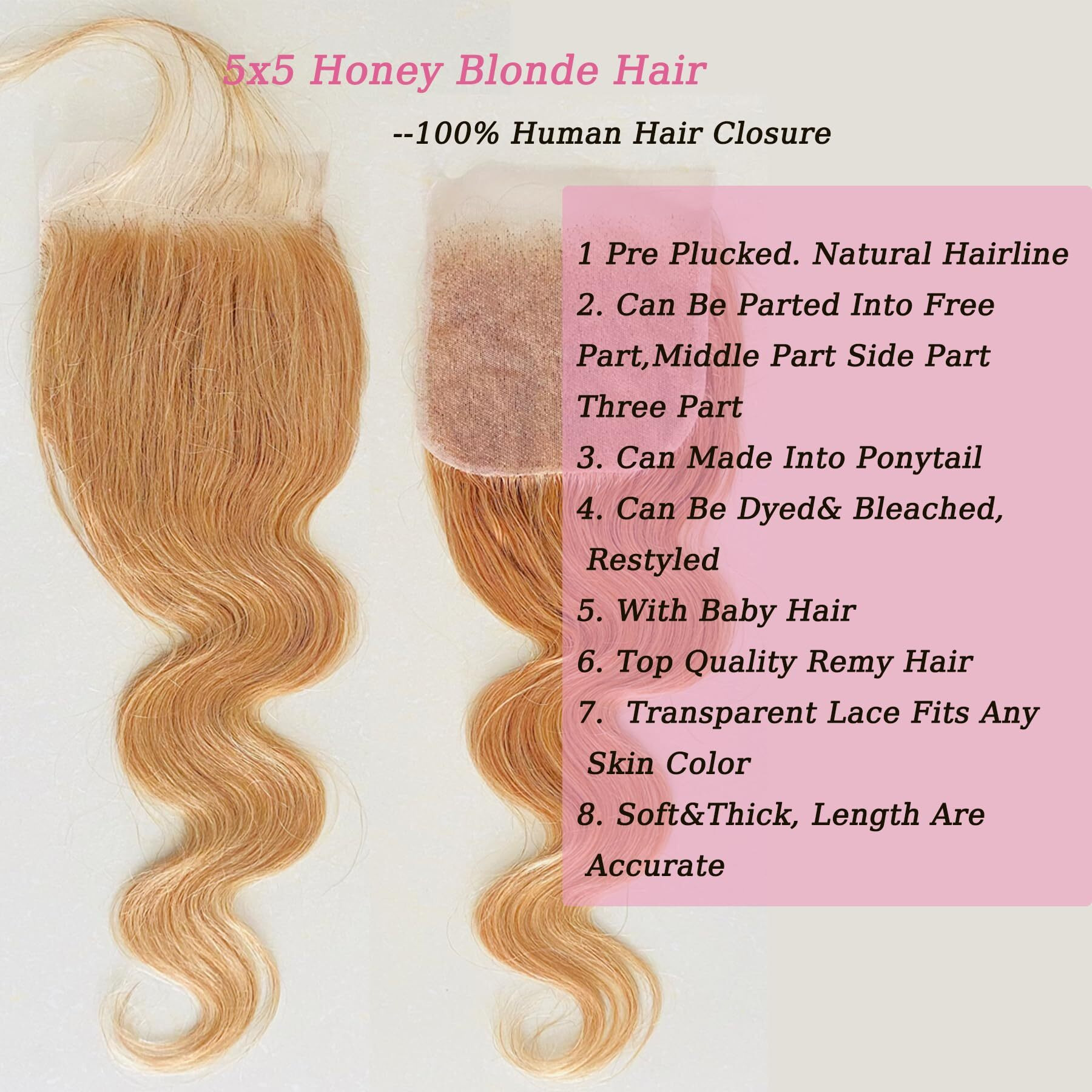 27 Closure 5X5 Honey Blonde Closure Body Wave Human Hair Lace Closure 10A Transparent Lace With Baby Hair Pre Plucked Brazilian Virgin Remy Human Hair 14 Inch