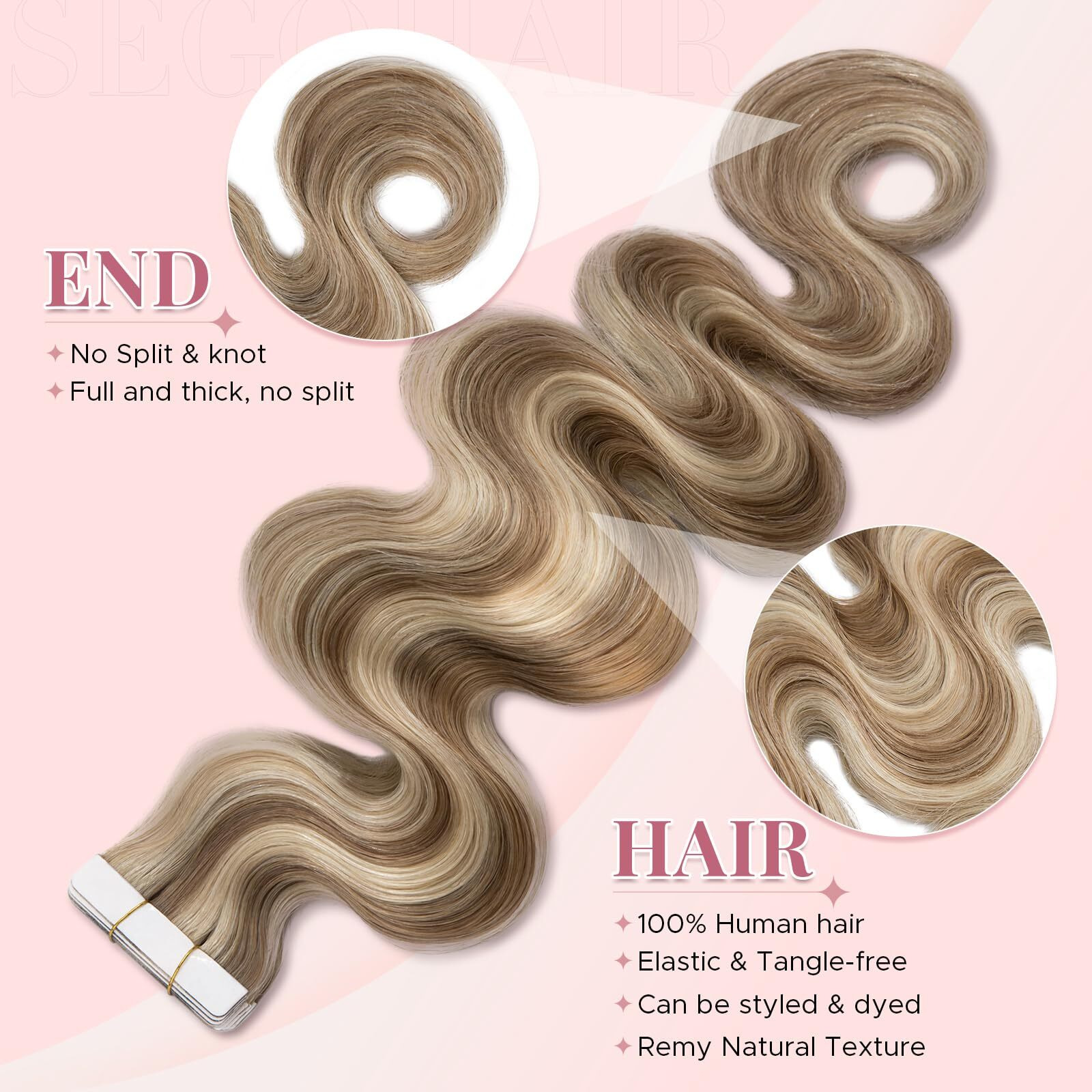 Segohair Wavy Tape In Hair Extensions Real Human Hair With Double-Sided Adhesive Professional Hair Extensions For Women 20Pcs Body Wave 20 Inches Medium Brown Mixed Bleach Blond