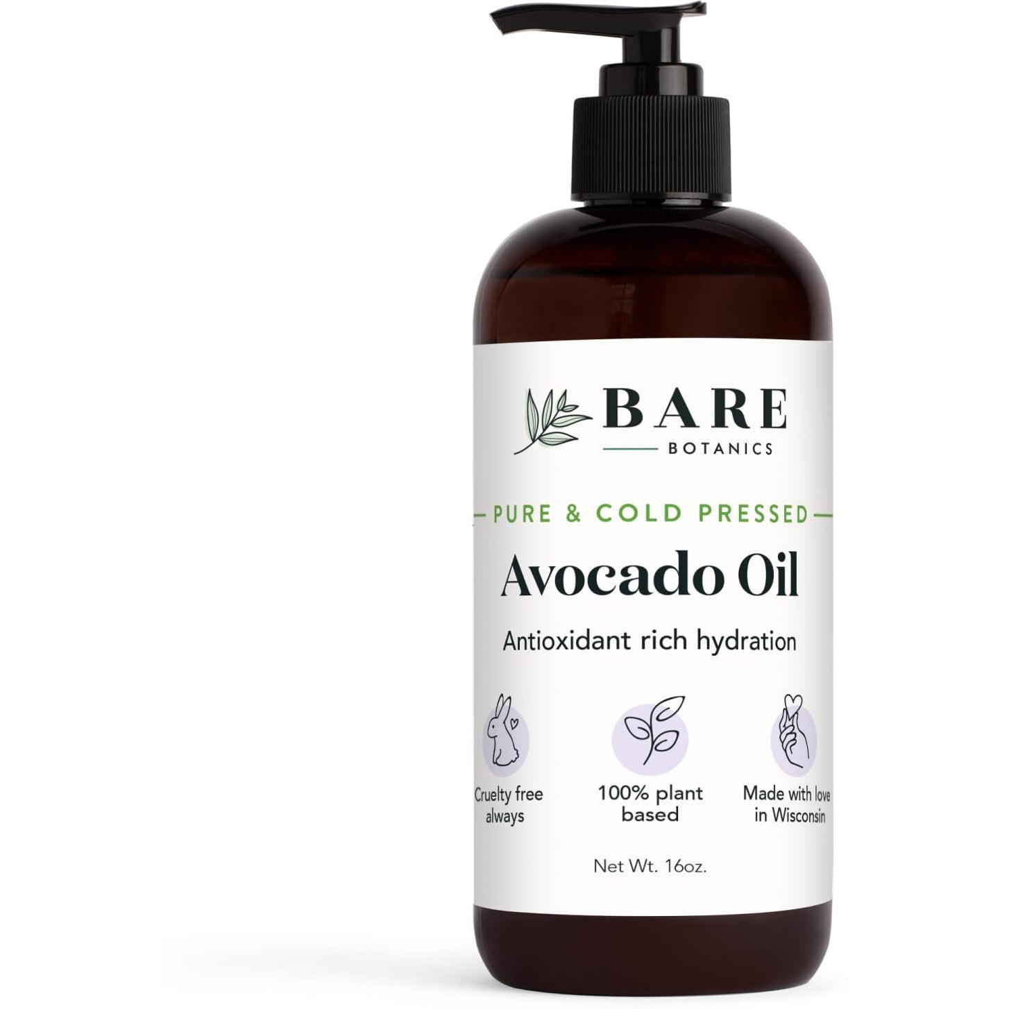 Bare Botanics 100% Pure Avocado Body Oil 16 Oz - Cold Pressed & Natural For All Over Moisturization - Multipurpose Carrier Oil For Diy - Hydrate Dry Skin, Hair & Body - Vegan & Cruelty Free Beauty