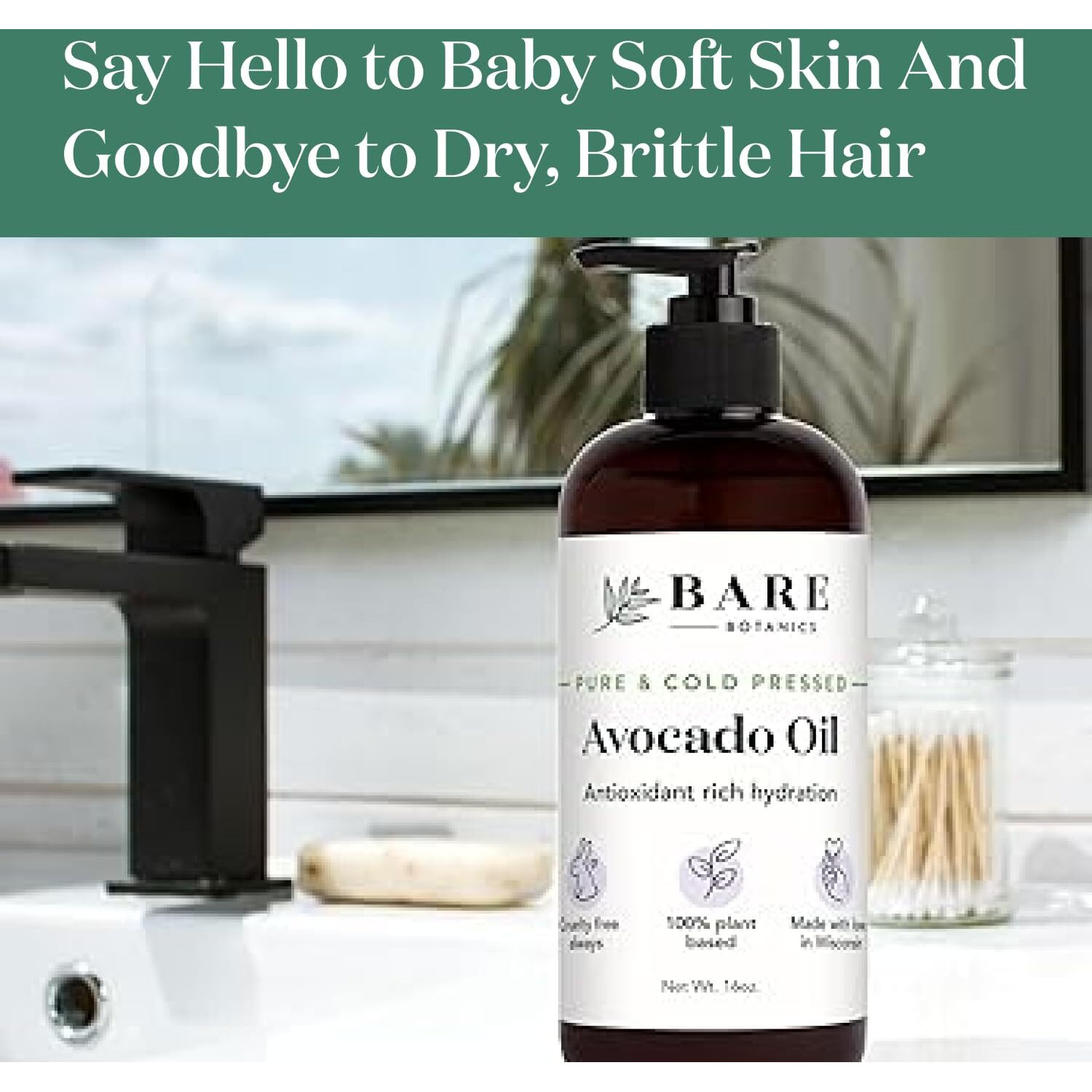 Bare Botanics 100% Pure Avocado Body Oil 16 Oz - Cold Pressed & Natural For All Over Moisturization - Multipurpose Carrier Oil For Diy - Hydrate Dry Skin, Hair & Body - Vegan & Cruelty Free Beauty