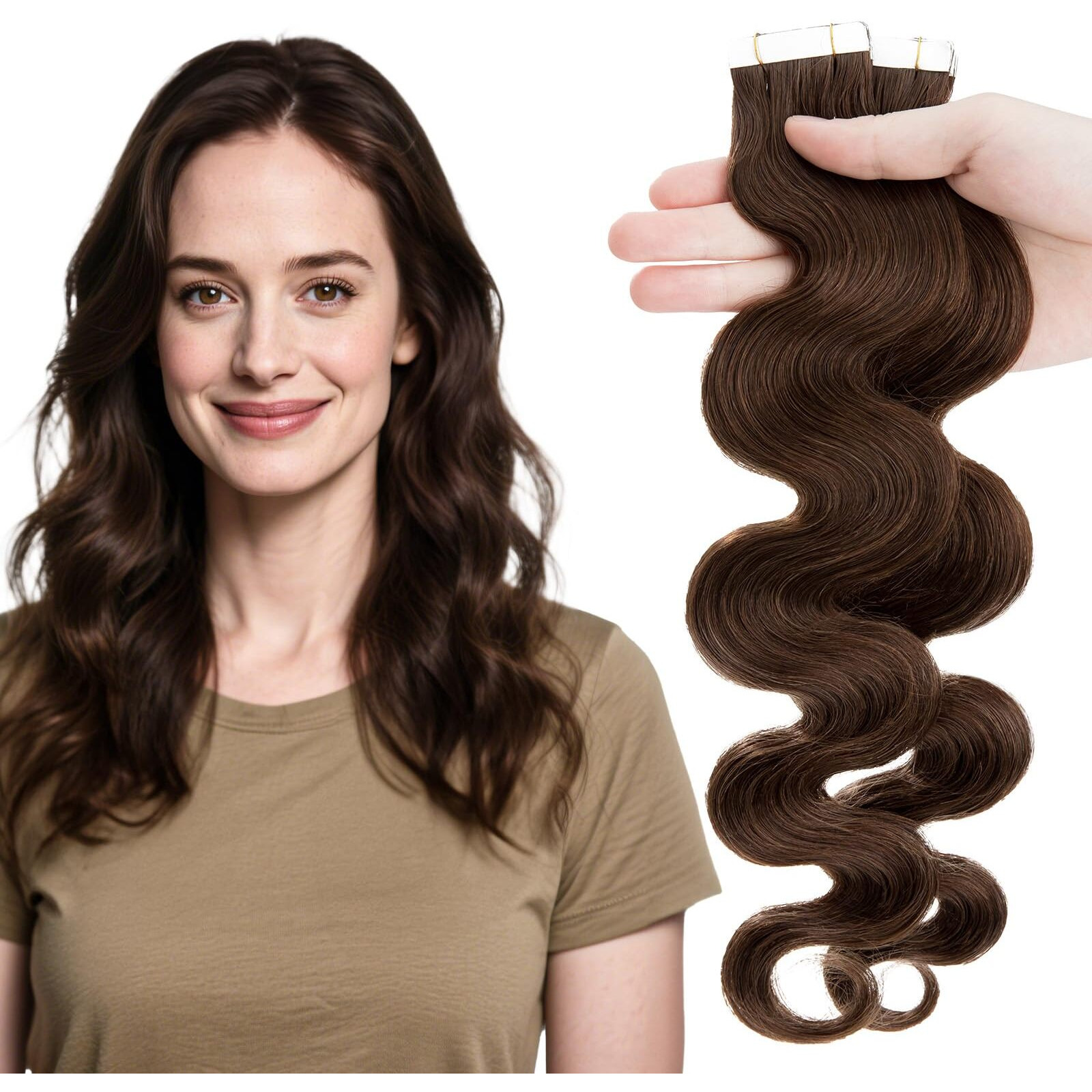 Elailite Wavy Tape In Hair Extensions Human Hair Body Wave Real Remy Hairpieces Medium Brown 18 Inch 50G 20Pcs Invisible Seamless Skin Weft Best Tape For Women