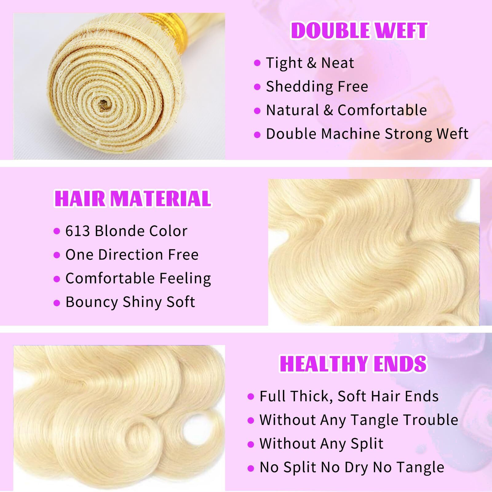 613 Bundles Blonde Bundles Human Hair 16 Inch 613 Body Wave Bundles 100% Unprocessed 12A Grade Brazilian Virgin Hair Bundles 1 Bundle Human Hair 613 Blonde Bundle Human Hair Extensions For Women