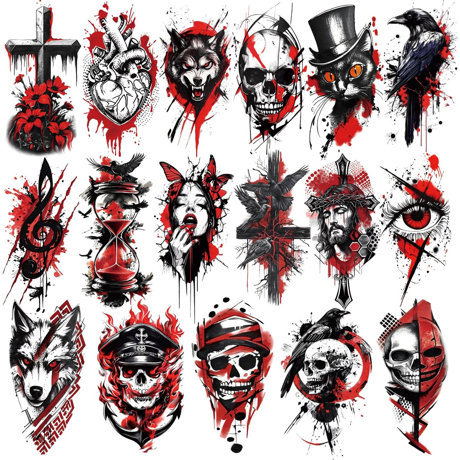 77 Sheets Temporary Tattoos, 17 Sheets Half Arm Black & Red Trash Polka Skull Heart Wolf Crow Cat Cross Flower For Adults Shoulder Neck, 60 Sheets Small Fake Tattoo Sticker For Teen Men Women Body Art