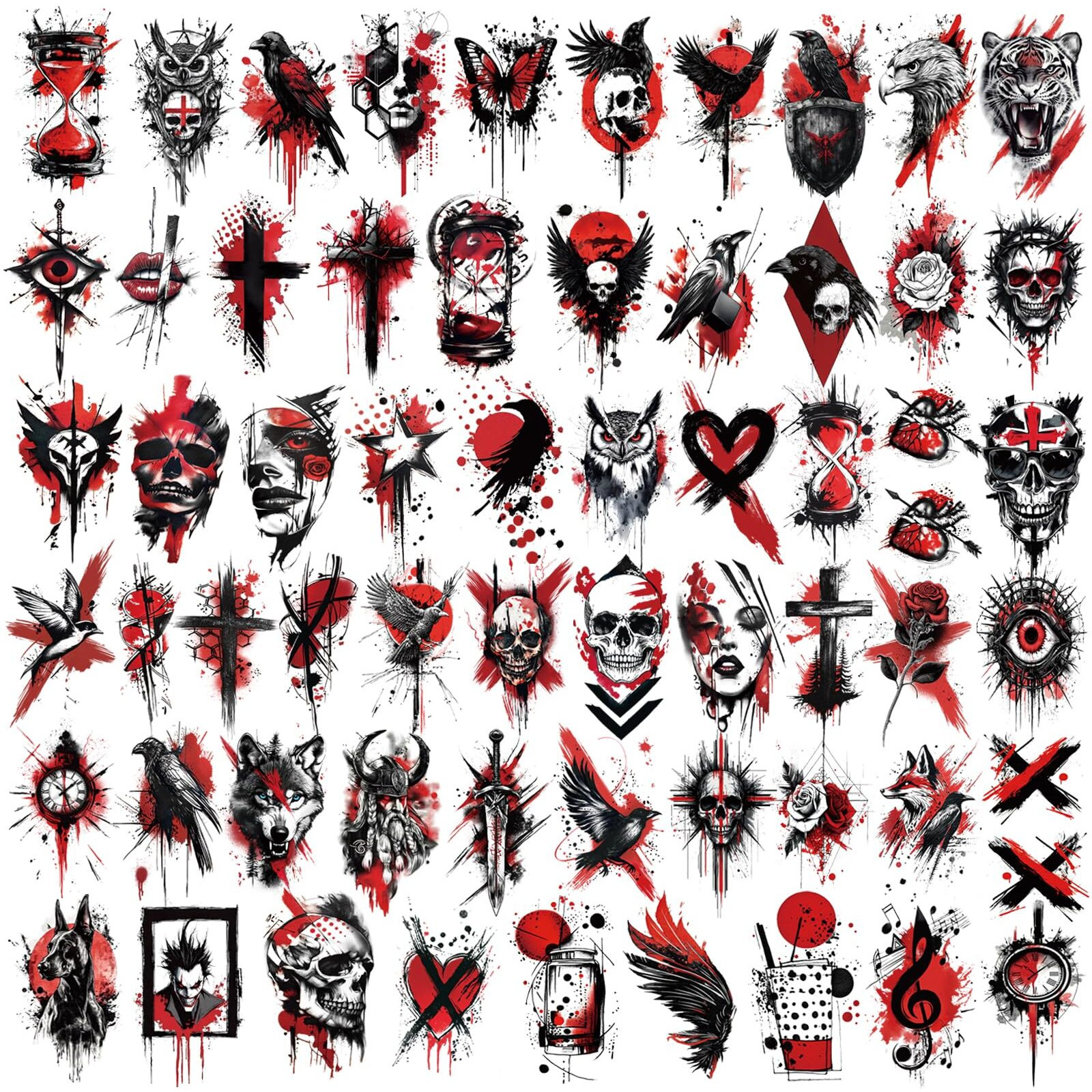 77 Sheets Temporary Tattoos, 17 Sheets Half Arm Black & Red Trash Polka Skull Heart Wolf Crow Cat Cross Flower For Adults Shoulder Neck, 60 Sheets Small Fake Tattoo Sticker For Teen Men Women Body Art