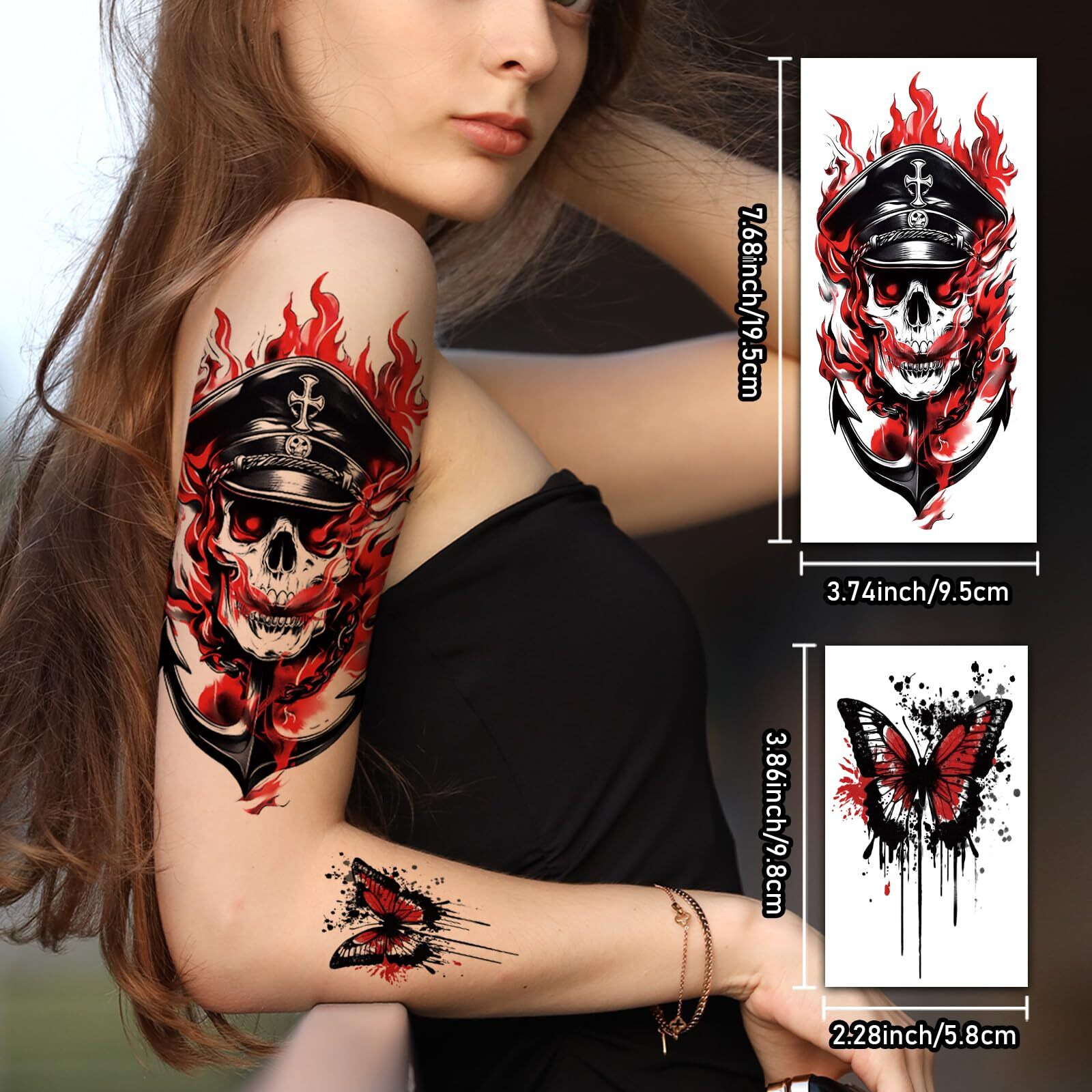 77 Sheets Temporary Tattoos, 17 Sheets Half Arm Black & Red Trash Polka Skull Heart Wolf Crow Cat Cross Flower For Adults Shoulder Neck, 60 Sheets Small Fake Tattoo Sticker For Teen Men Women Body Art