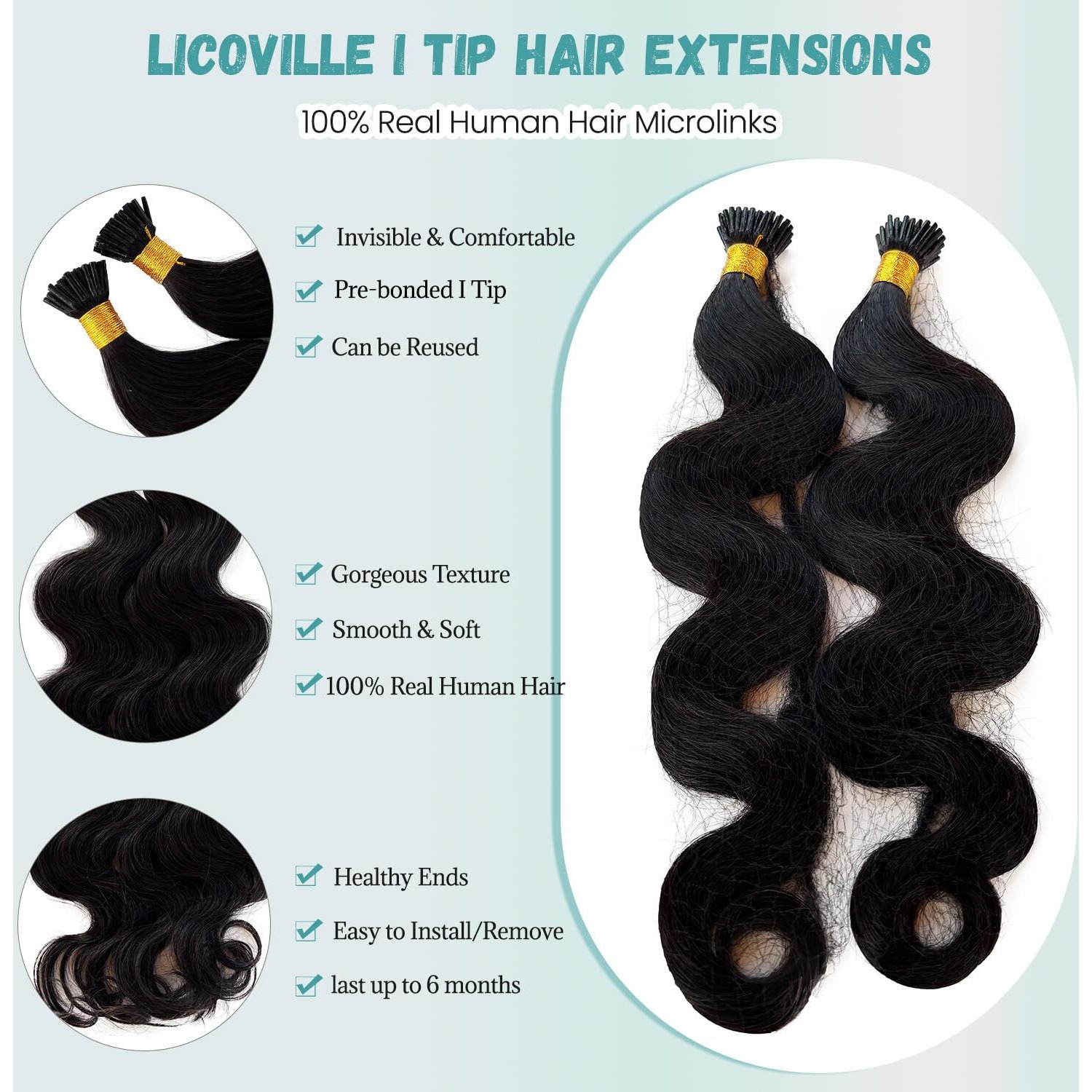 24 Inch Body Wave I Tip Extensions Real Human Hair Natural Black Long Wavy Hair Extensions Human Hair I Tips For Black Women 50 Strands 50G Cold Fusion Body Wave Keratin Tip Remy Hair Extension