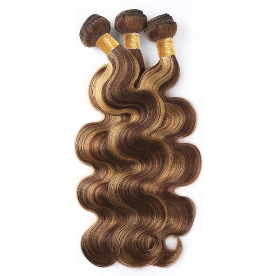 P4/27 Highlight Body Wave Bundle Brown And Honey Blonde Human Hair 3 Bundles Brazilian Unprocessed Virgin Hair Extensions For Women Piano Color 26 28 30 Inch