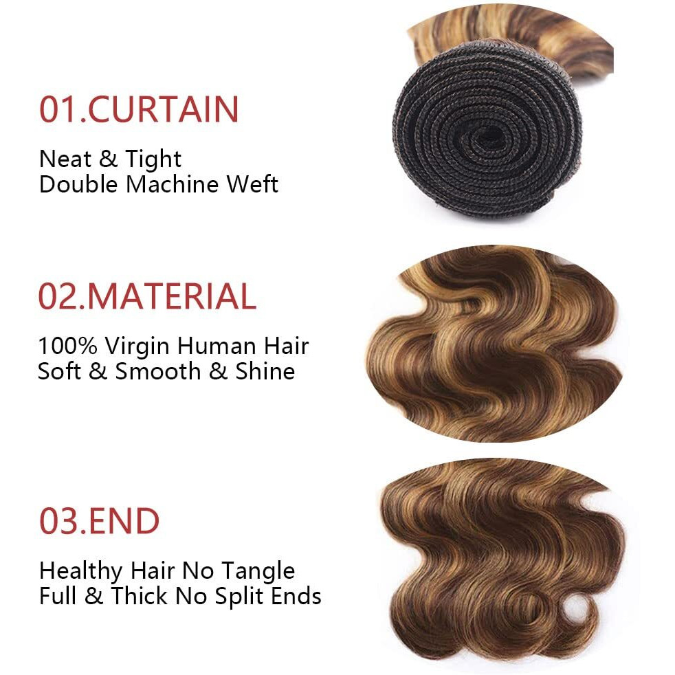 P4/27 Highlight Body Wave Bundle Brown And Honey Blonde Human Hair 3 Bundles Brazilian Unprocessed Virgin Hair Extensions For Women Piano Color 26 28 30 Inch