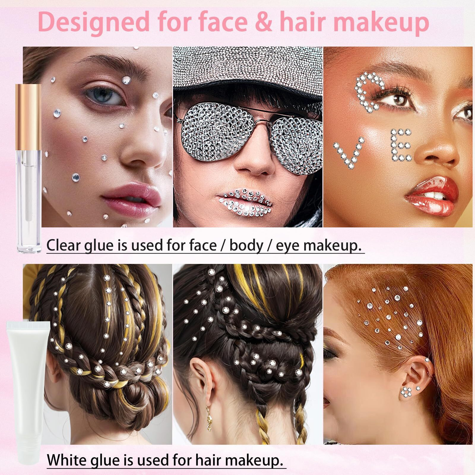 Face Gems Hair Gems With Makeup Glue, Flat Back Silver Clear Face Rhinestones For Makeup, Hair Rhinestones Eye Gems With Picker Pencil Tweezer And Brush For Face Eye Hair Body Makeup