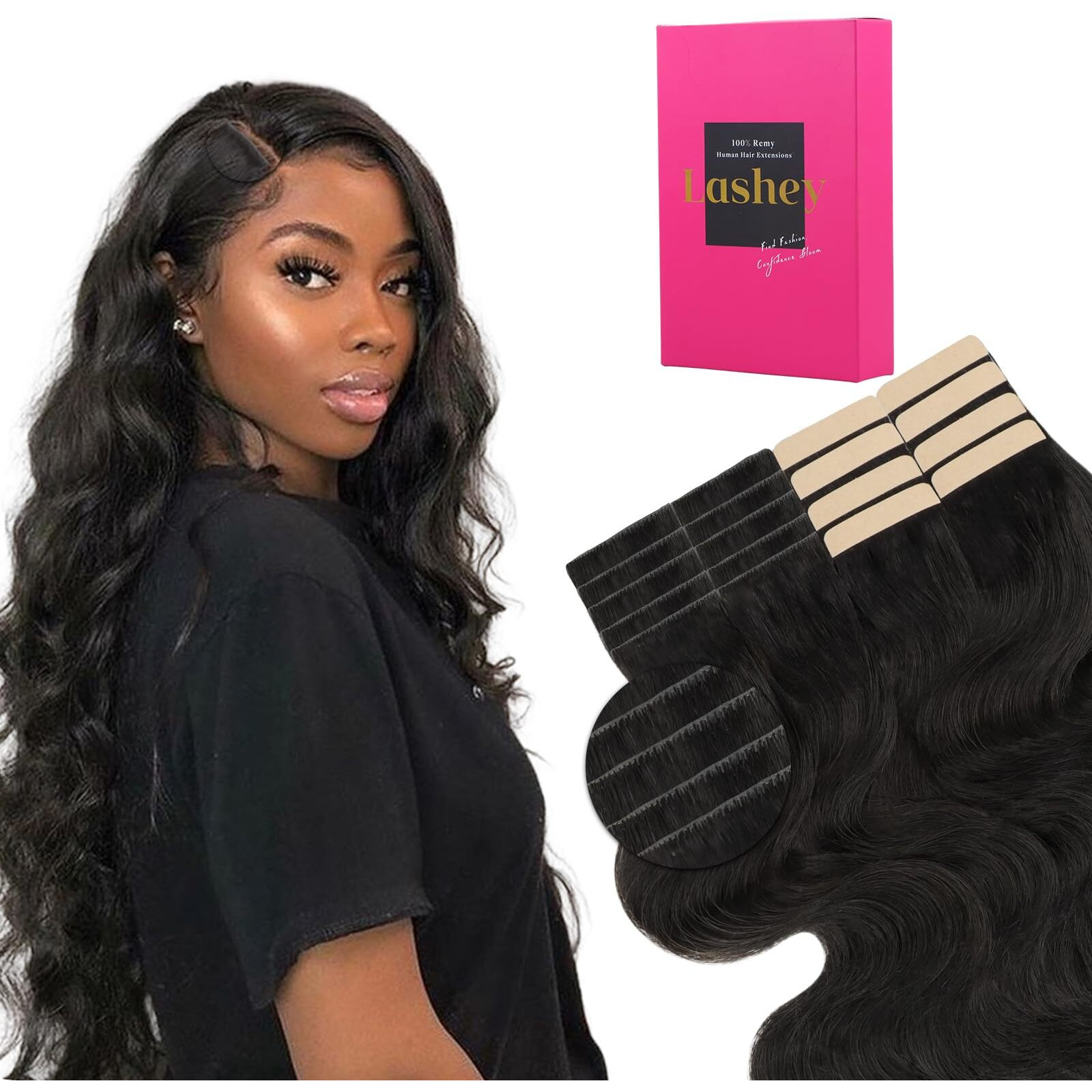 Lashey Invisi Edge Tape In Hair Extensions Human Hair, Natural Black 16 Inch 50G Body Wave, 10Pcs Injected With 10Pcs Classic Tape Ins, Real Virgin Human Hair Invisible Seamless Tape In Extensions