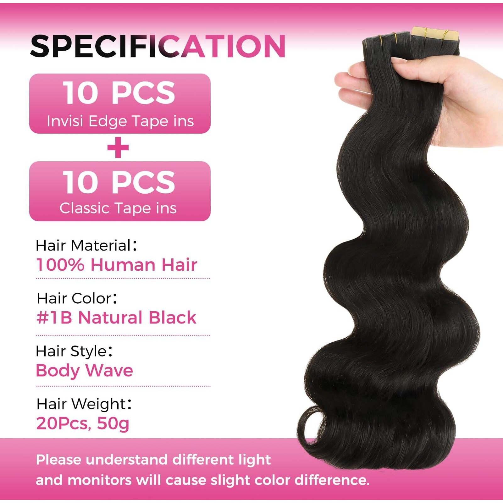 Lashey Invisi Edge Tape In Hair Extensions Human Hair, Natural Black 16 Inch 50G Body Wave, 10Pcs Injected With 10Pcs Classic Tape Ins, Real Virgin Human Hair Invisible Seamless Tape In Extensions