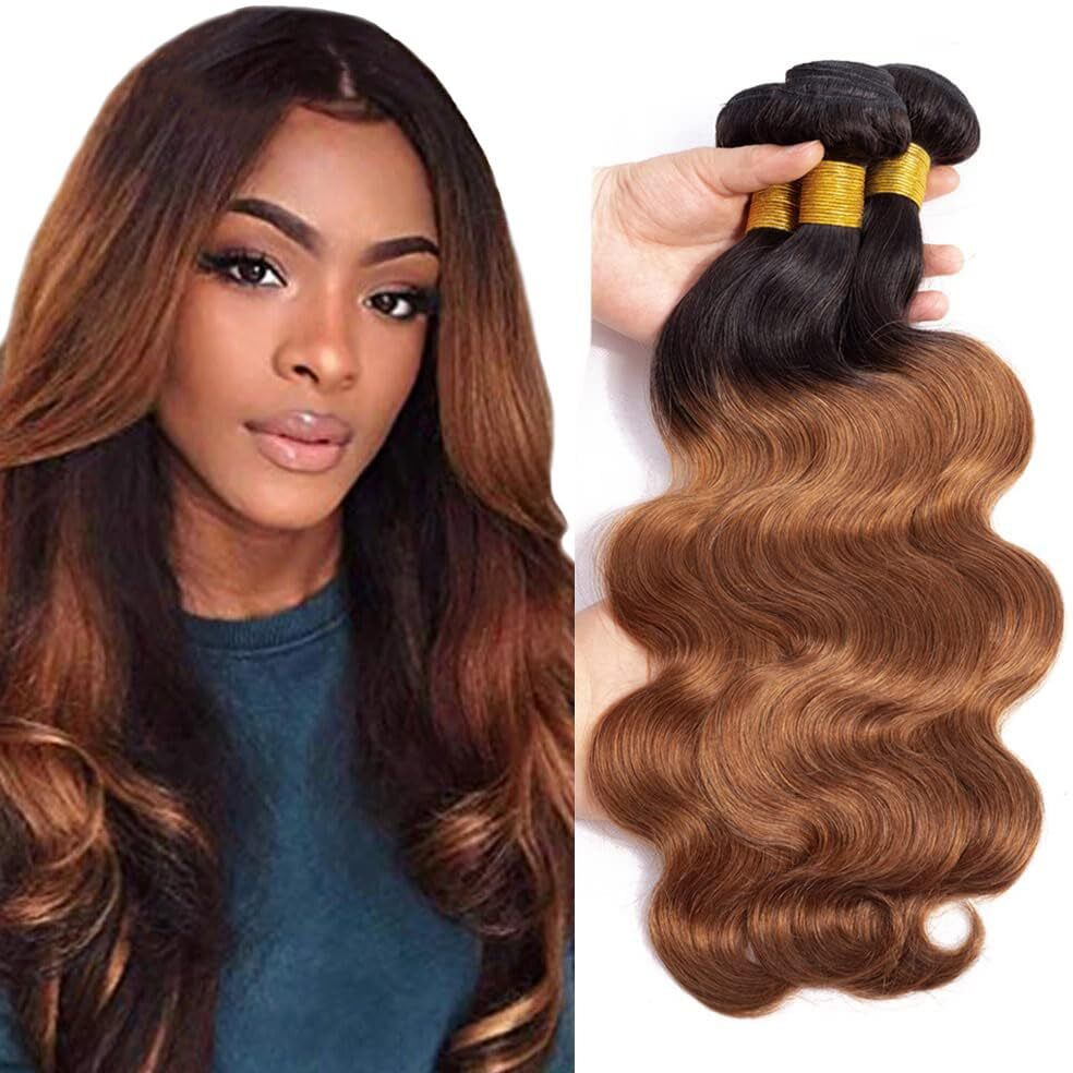 1B/30 Bundles Human Hair Brown Body Wave Human Hair Bundles 22 24 26 Inch Ombre Brown Bundle Double Weft Brazilian Virgin Remy Hair Extensions Ultra Soft No Tangle