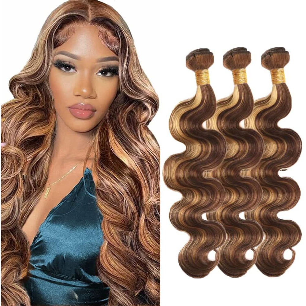 Highlight Blonde Body Wave 3 Bundles 22 24 26 Inch Brazilian Virgin Remy P4/27 Bundles Human Hair Extensions Ombre 2 Tone Brown And Blonde Hair Weave