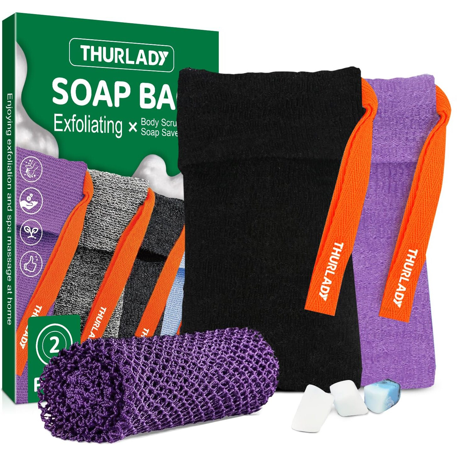 Thurlady Reusable Deep Exfoliating Soap Bag, 2 Pack Bar Soap Pouch, With 1 African Net Sponge, Exfoliating Body Scrubber, Body Sponges For Shower, Bath Loofah, With 1 Travel Pouch