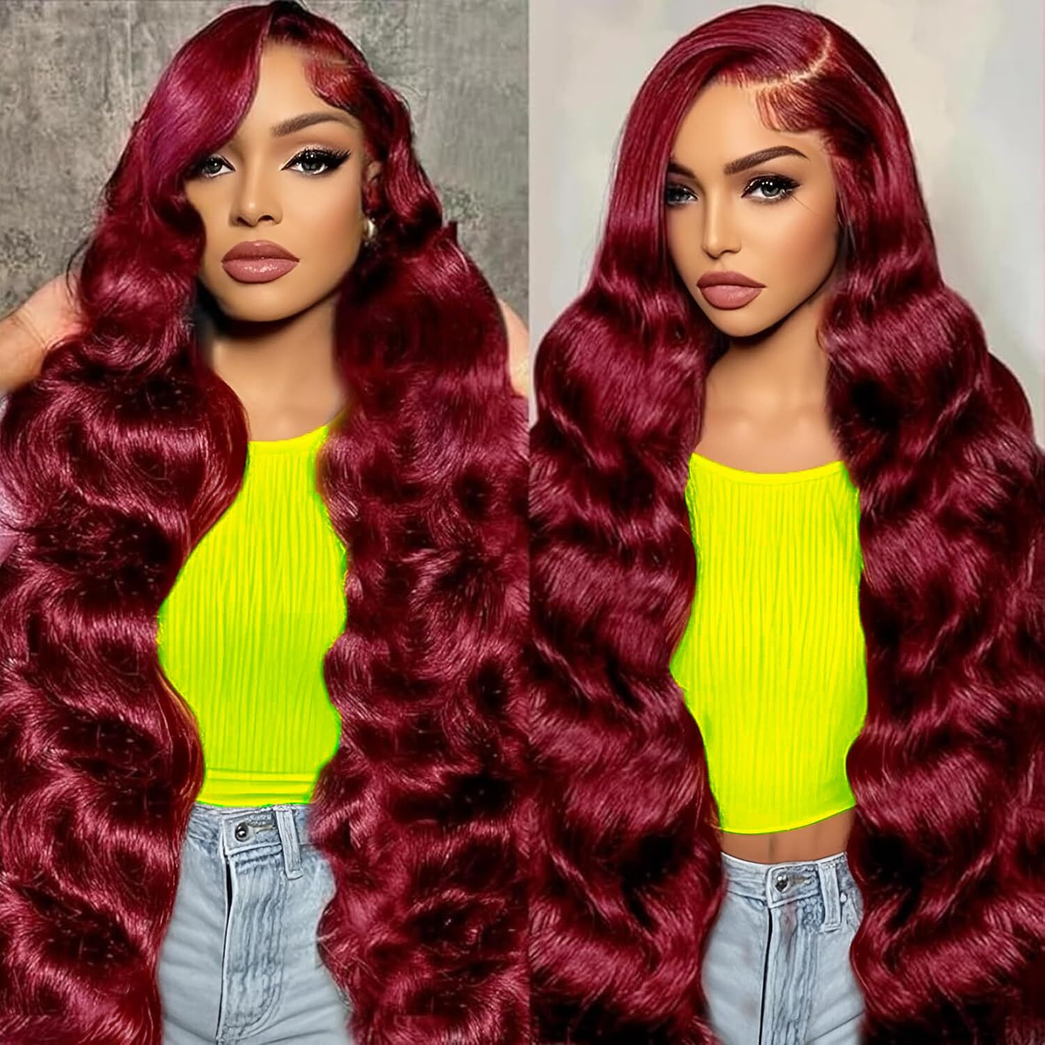 Luclueme 34 Inch 99J Burgundy Lace Front Wigs Human Hair 13X6 Hd Burgundy Wig Human Hair 200 Density Body Wave Frontal Wig Colored Wine Red Wigs Human Hair