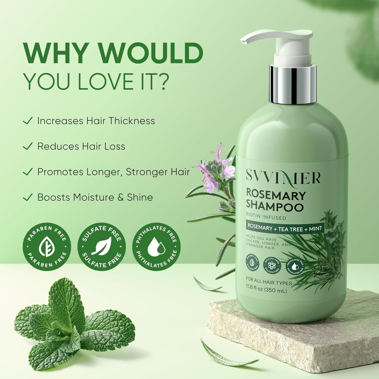 Svvimer Rosemary Hair Growth Shampoo - Thickening Shampoo With Biotin Tea Tree Oil Mint For Hair Loss And Thinning Hair - For Women And Men 11.8 Fl Oz (Pack Of 1)