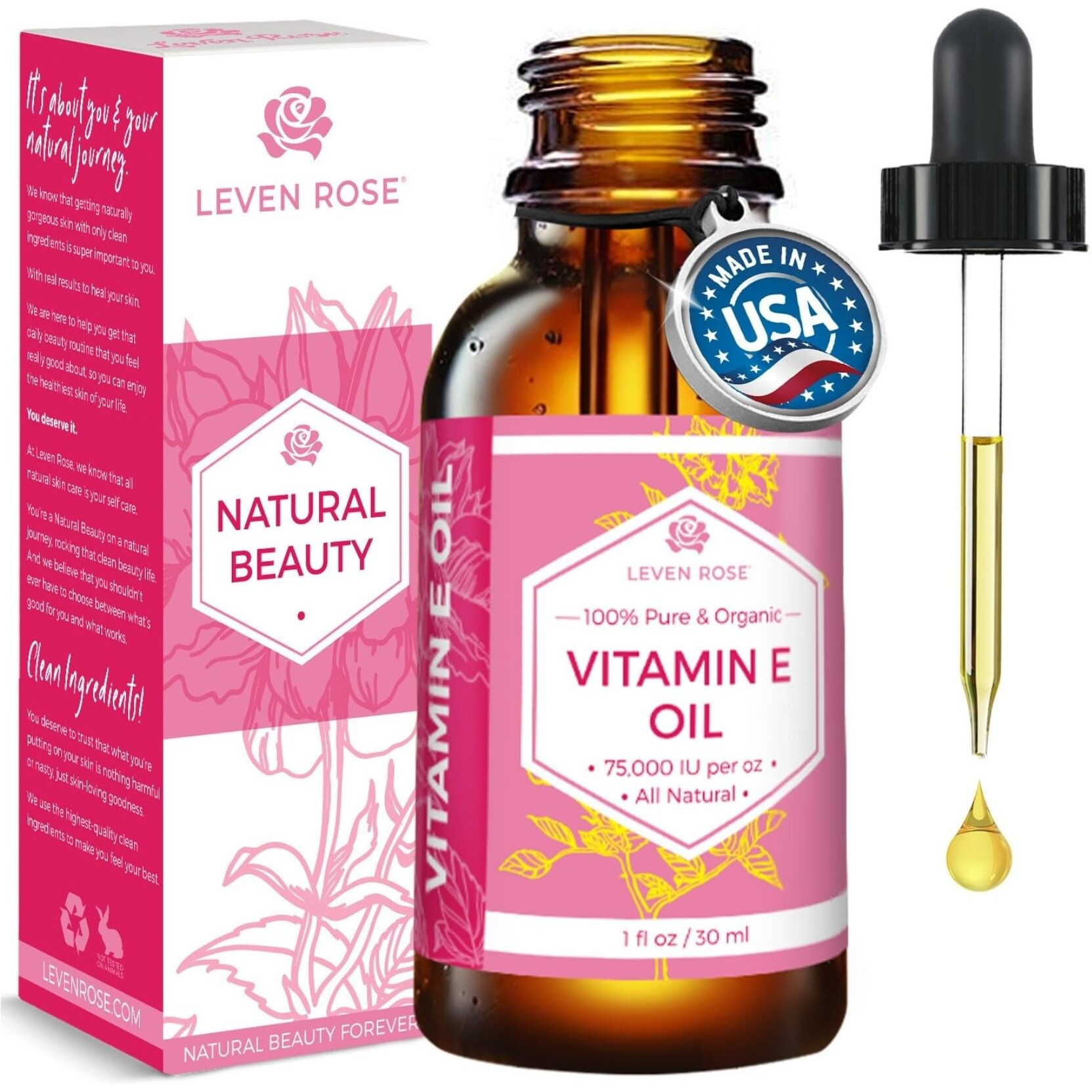 Leven Rose 100% Vitamin E Oil 75,000 Iu Per Oz 100% Natural, Organic, Pure Vitamin E Oil For Skin, Face, Hair, Nails 1Oz