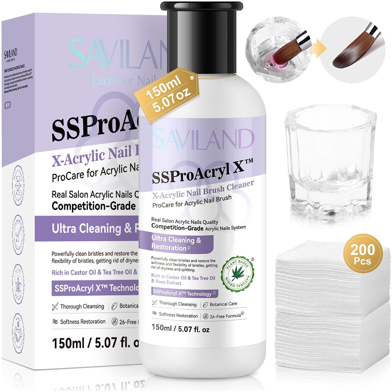 Saviland Acrylic Nail Brush Cleaner 5 Oz Large Capacity Acrylic Brush Cleaner Castor Oil Nail Brush Cleaner Conditioner Restorer With Nail Cleaning Pads & Dappen Dish For Acrylic Nails Home Salon Diy