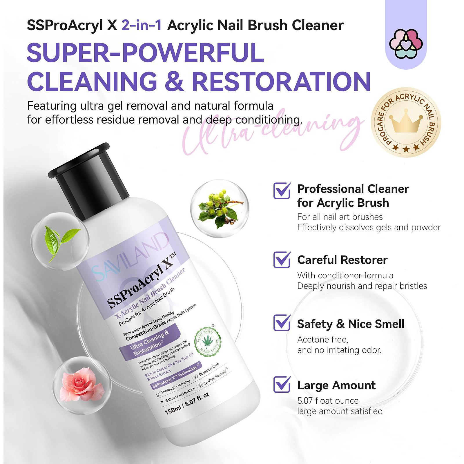 Saviland Acrylic Nail Brush Cleaner 5 Oz Large Capacity Acrylic Brush Cleaner Castor Oil Nail Brush Cleaner Conditioner Restorer With Nail Cleaning Pads & Dappen Dish For Acrylic Nails Home Salon Diy