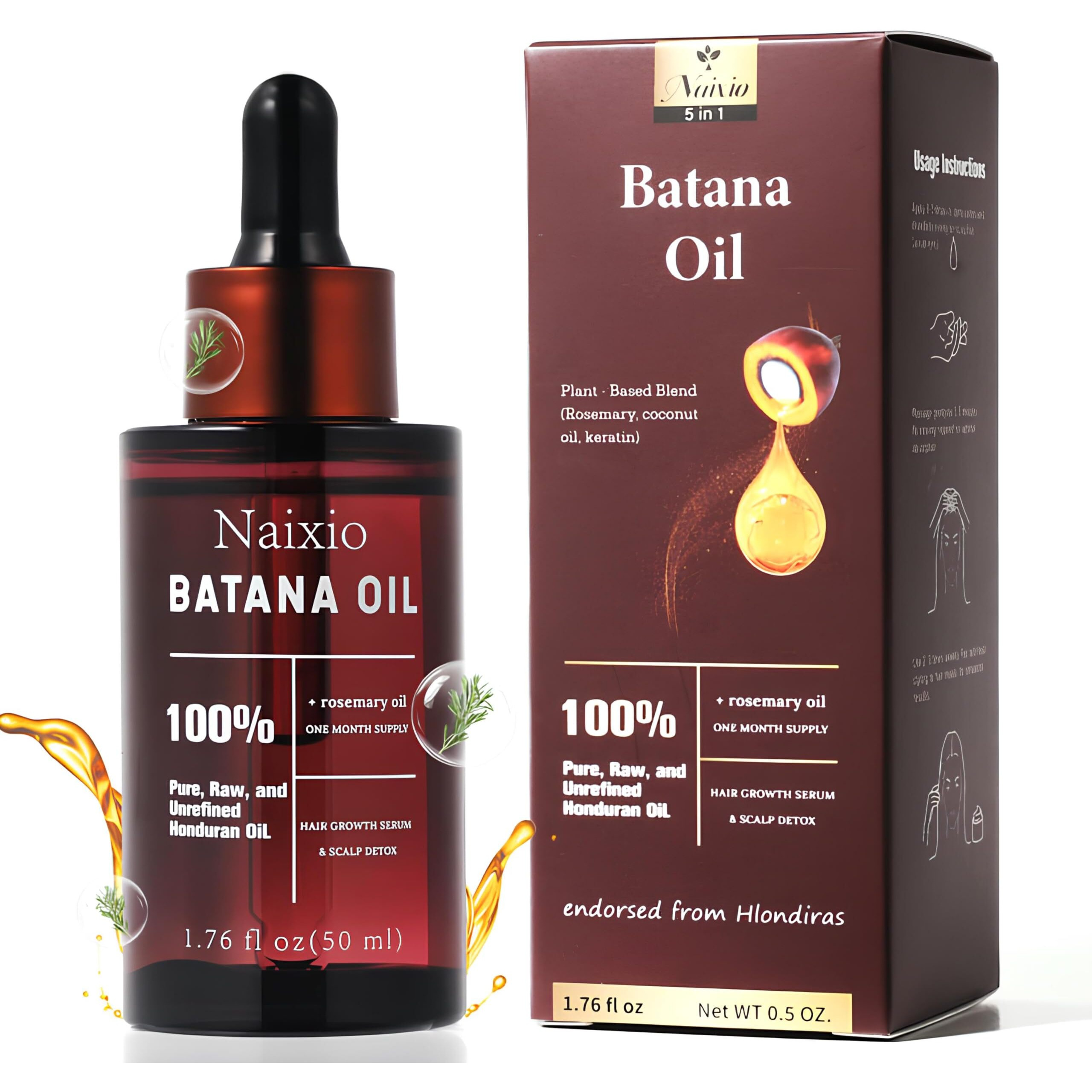 Naixio 100% Pure Batana Oil For Hair Growth & Repair | Keratin-Infused Treatment To Reduce Frizz, Split Ends & Heat Damage | With Rosemary, Argan & Coconut Oils | 1.76 Fl Oz