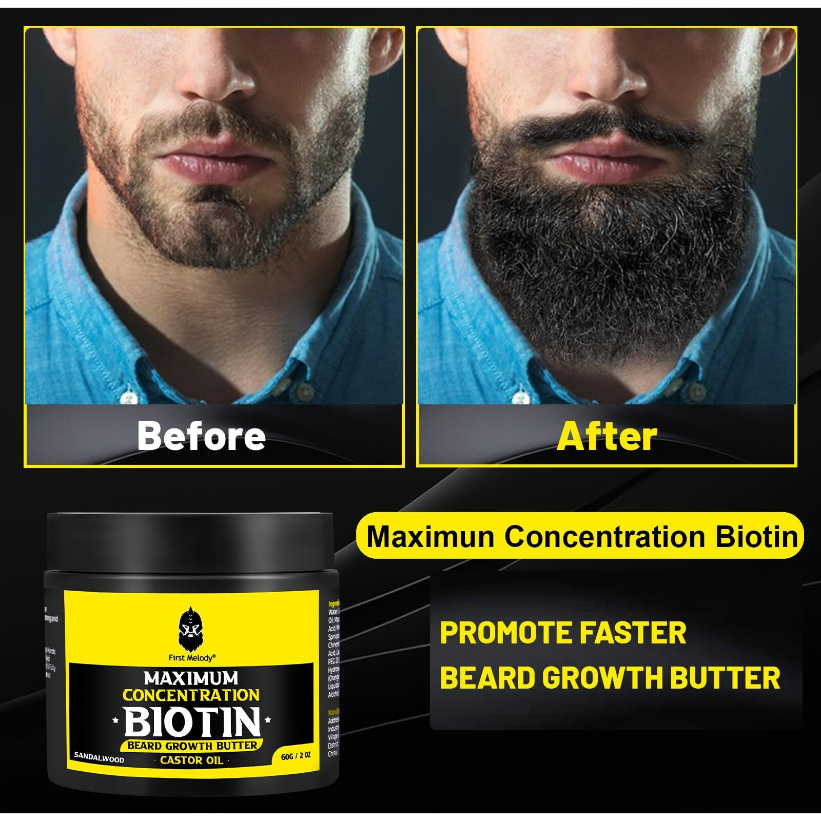 Beard Butter,Maximum Concentration Biotin,With Castor Oil And Argan & Jojoba Oils, Promotes Beard Growth, Styles, Strengthens & Softens Beards ,Unruly Beards While Relieving Itch,2 Ounce*2 (2 Pack)