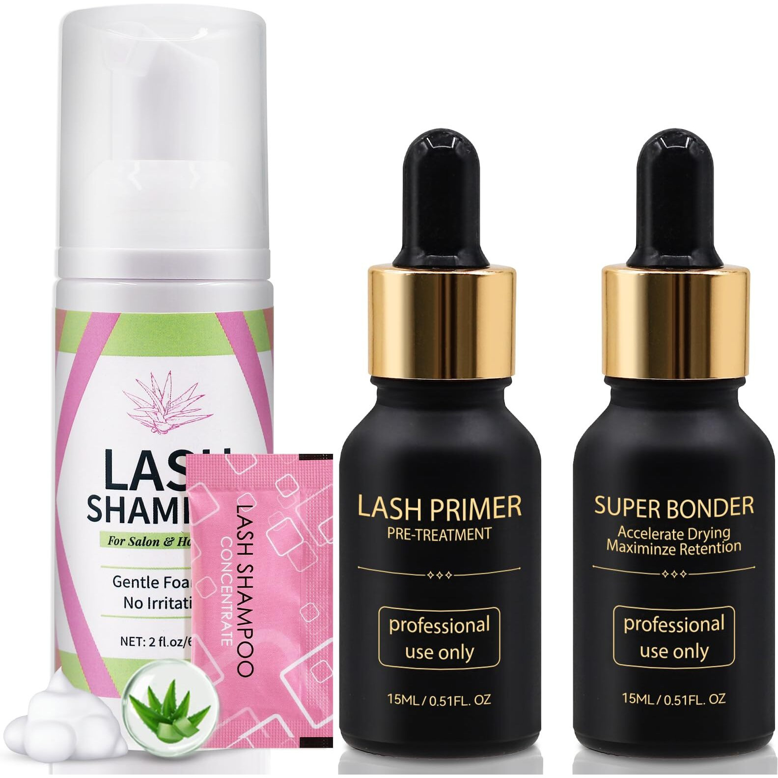 Miuffue Lash Bonder Primer And Shampoo Kit For Eyelash Extensions, Glue Accelerator Lash Sealant, Pre-Treatment Primer Protein Oil Cleanse Remover, Makeup Tools For Professional Use (15Ml+15Ml+60Ml)