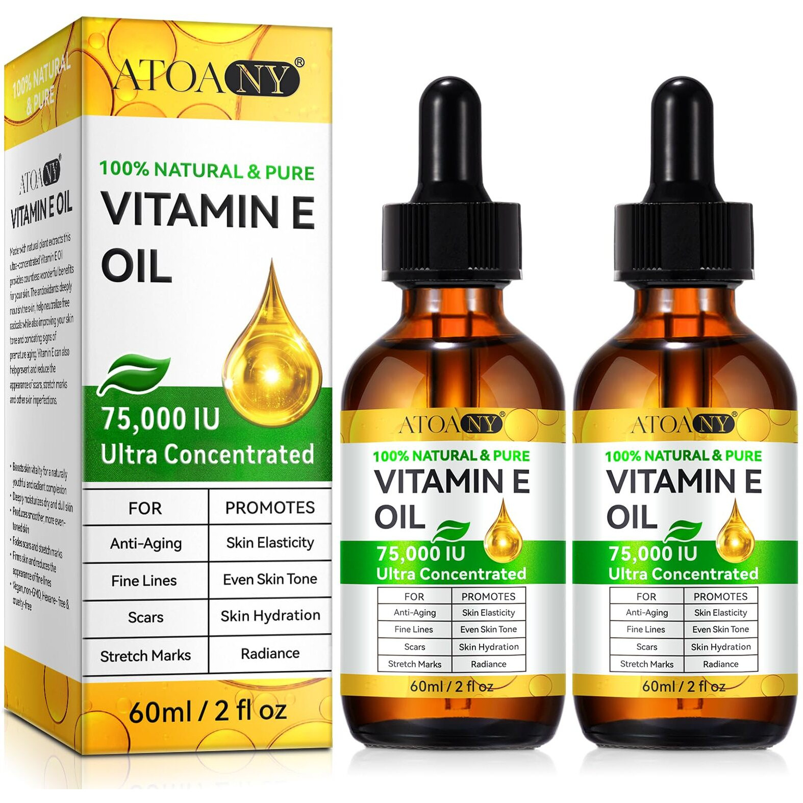 2Pack Vitamin E Oil, Pure Vitamin E Oil For Skin, Face, Hair, And Scars, Vitamins E Oils 75,000 Iu, Natural Vit E Oils Antioxidant For Dryness, Wrinkles & Stretch Marks, Moisturizing And Firming Skin