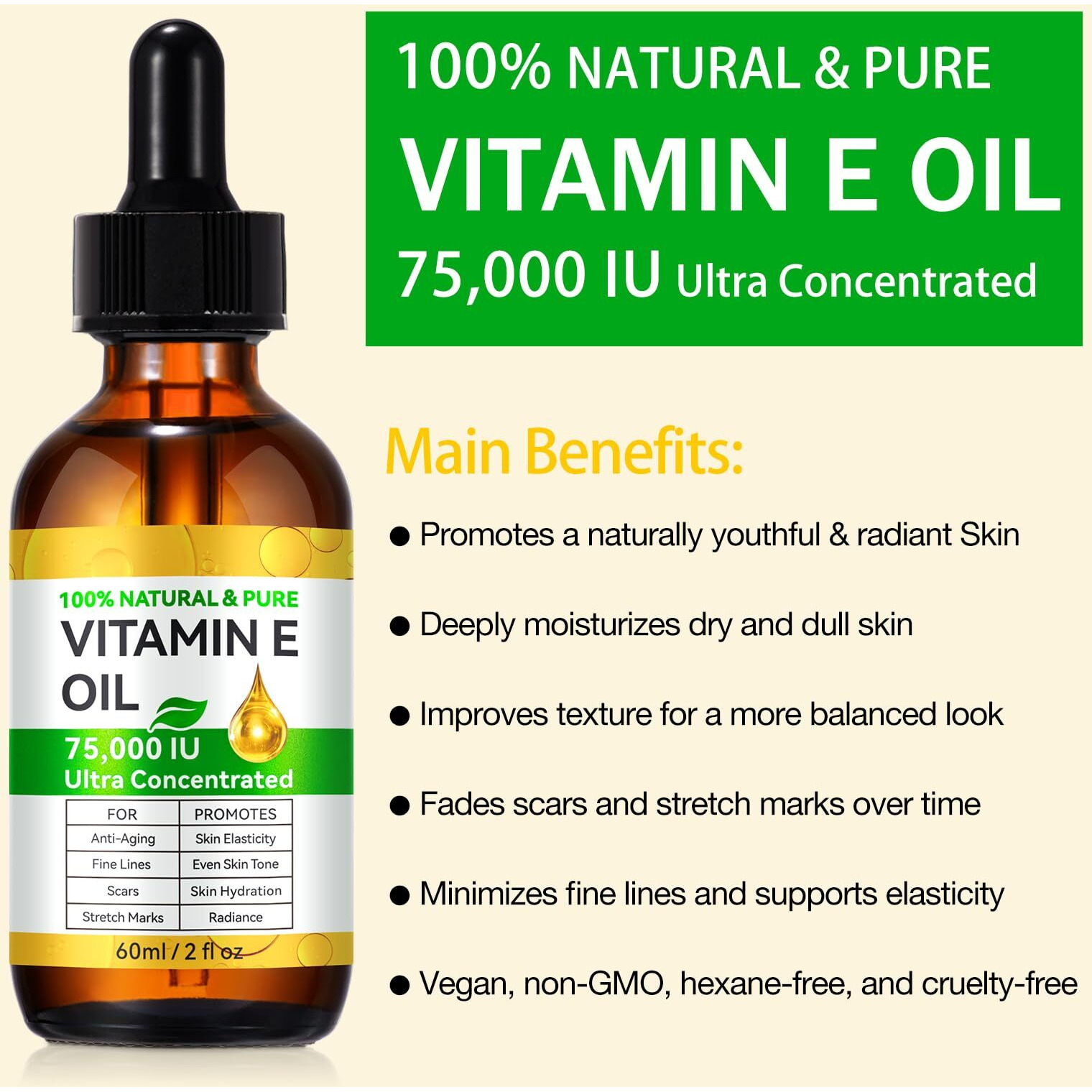 2Pack Vitamin E Oil, Pure Vitamin E Oil For Skin, Face, Hair, And Scars, Vitamins E Oils 75,000 Iu, Natural Vit E Oils Antioxidant For Dryness, Wrinkles & Stretch Marks, Moisturizing And Firming Skin