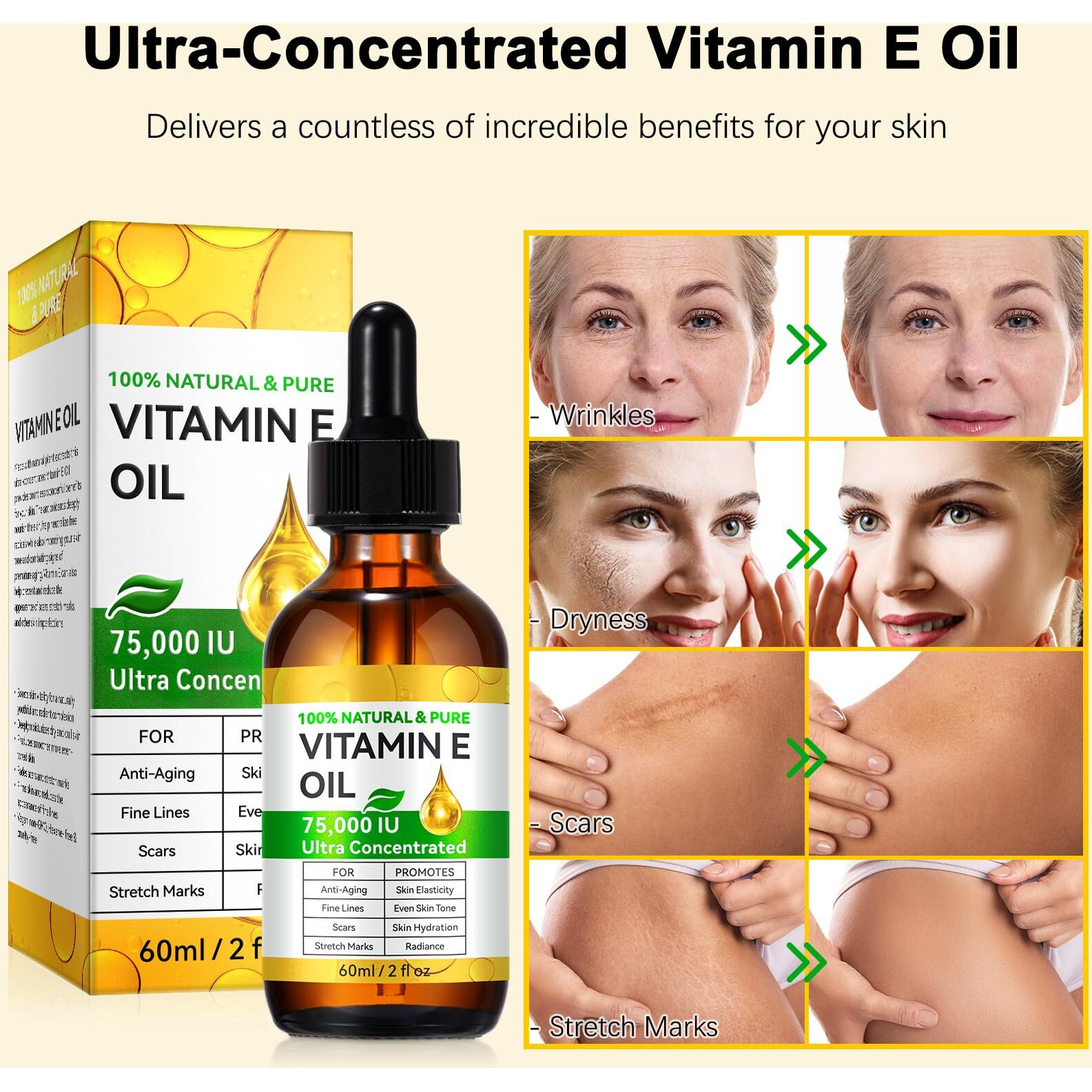 2Pack Vitamin E Oil, Pure Vitamin E Oil For Skin, Face, Hair, And Scars, Vitamins E Oils 75,000 Iu, Natural Vit E Oils Antioxidant For Dryness, Wrinkles & Stretch Marks, Moisturizing And Firming Skin