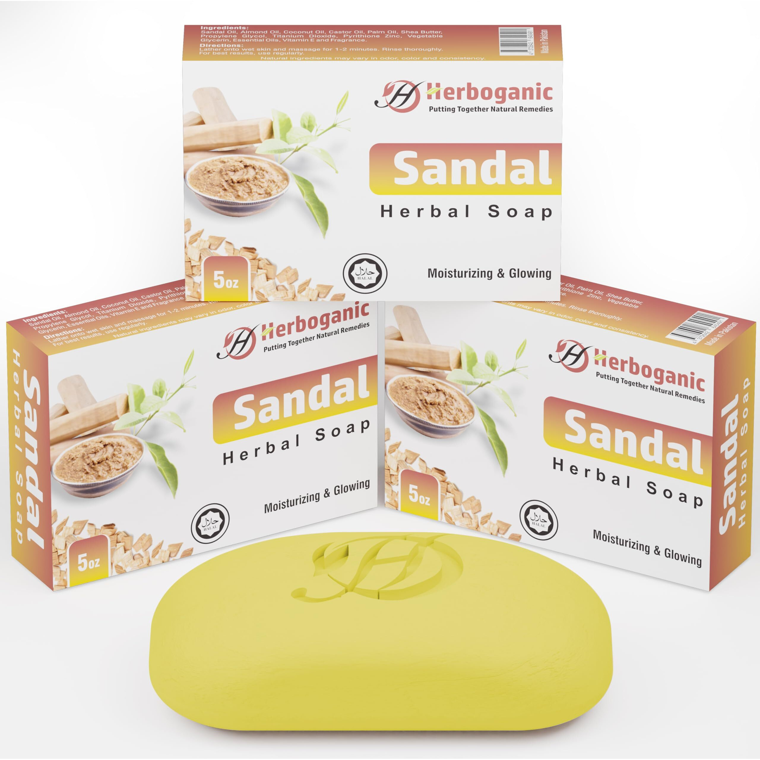 Herboganic Sandal Herbal Soap | Pack Of 3 Of 5Oz Soap Bar | Natural Bar Soap For Face And Body | Hydrating And Nourishing | Suitable For Men And Women