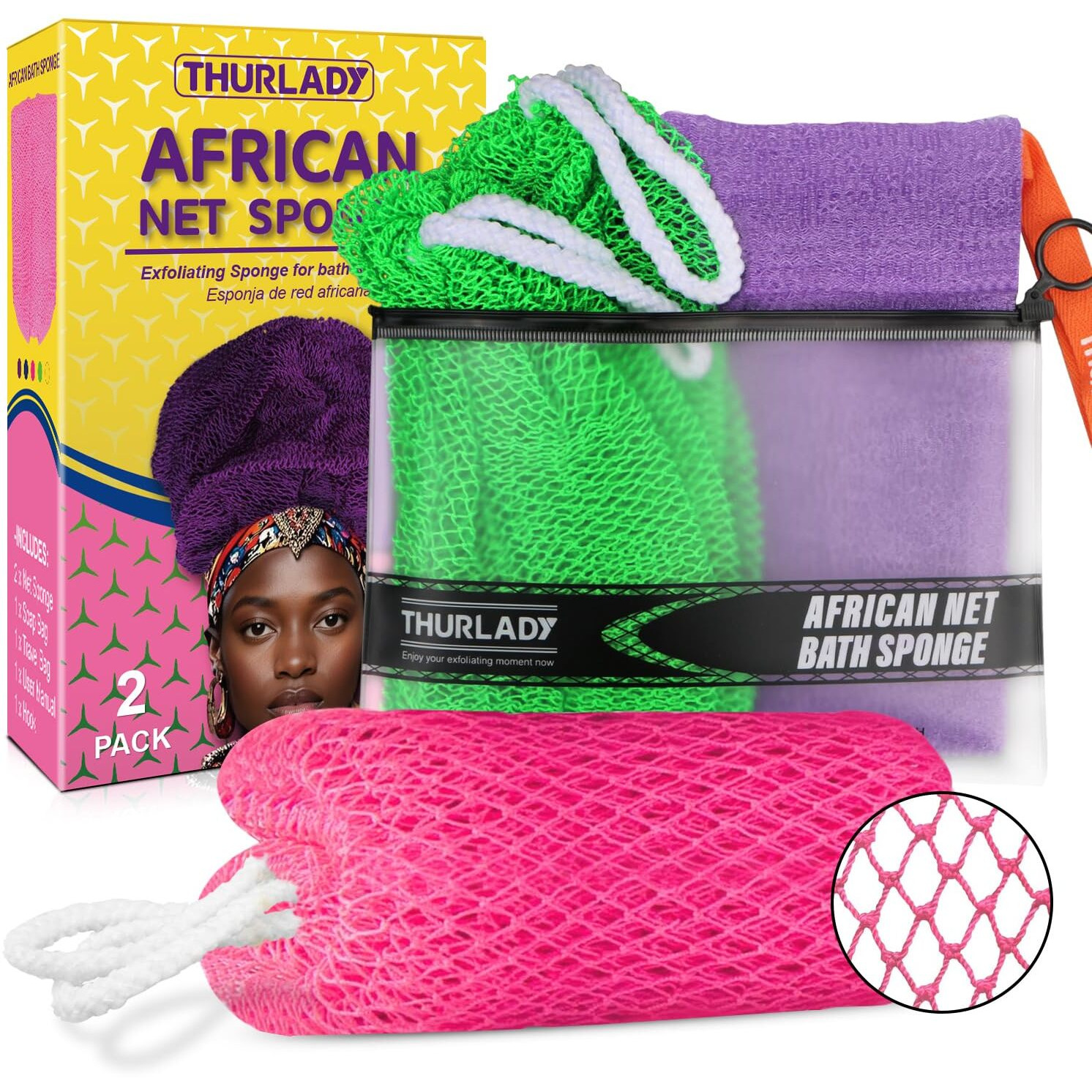 Thurlady African Net Sponge Authentic With Knots, African Scrub Bath Net, 2 Pieces Exfoliating Body Back Scrubber For Shower, Gentle Exfoliating Washcloth, With 1 Soap Bag (Pink & Green)