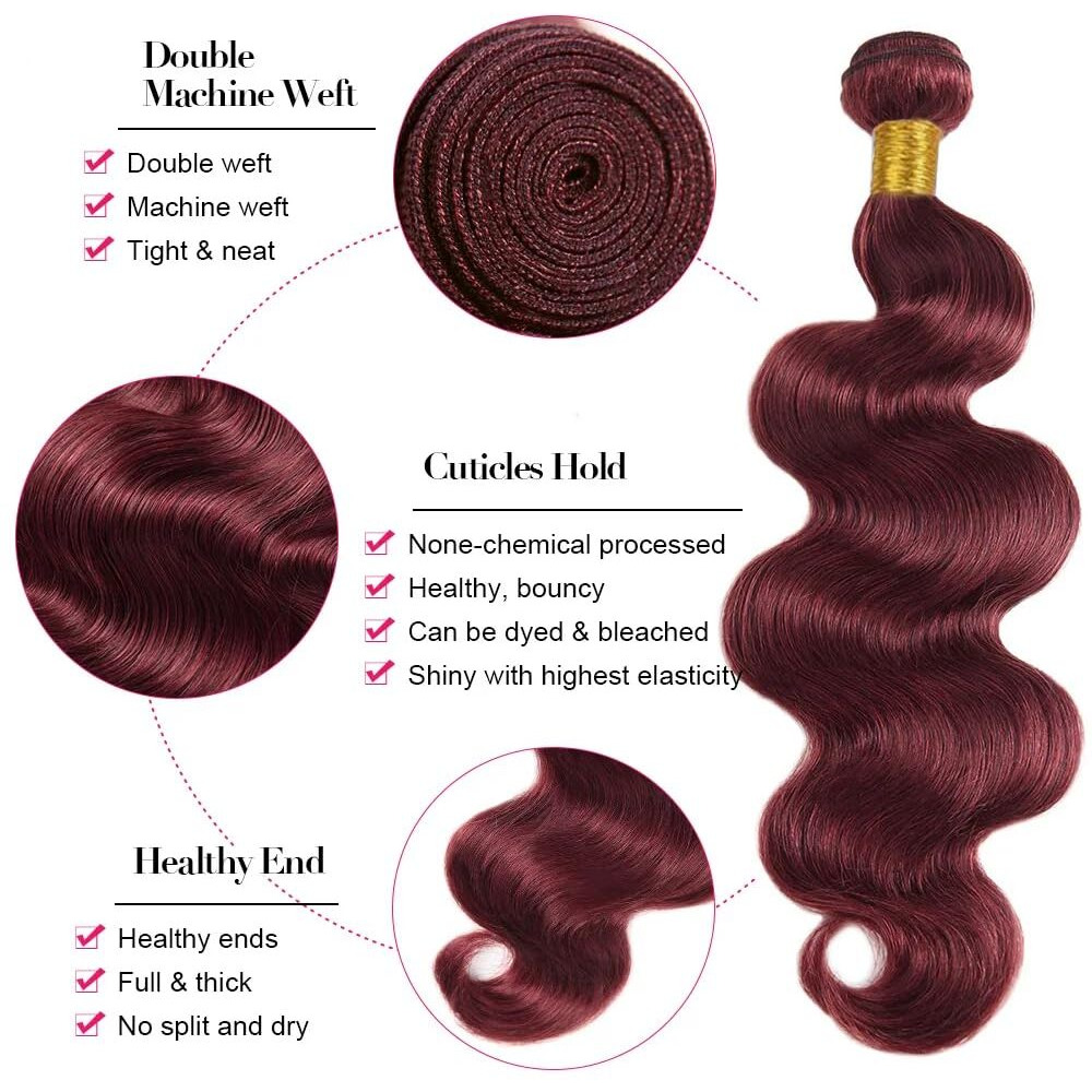 99J Burgundy Bundles Human Hair Wine Red Body Wave Bundles 16 18 20 Inch Unprocessed Brazilian Virgin Hair 3 Bundle 50 Gram Per Bundle Deals Quick Weave Hair Extensions