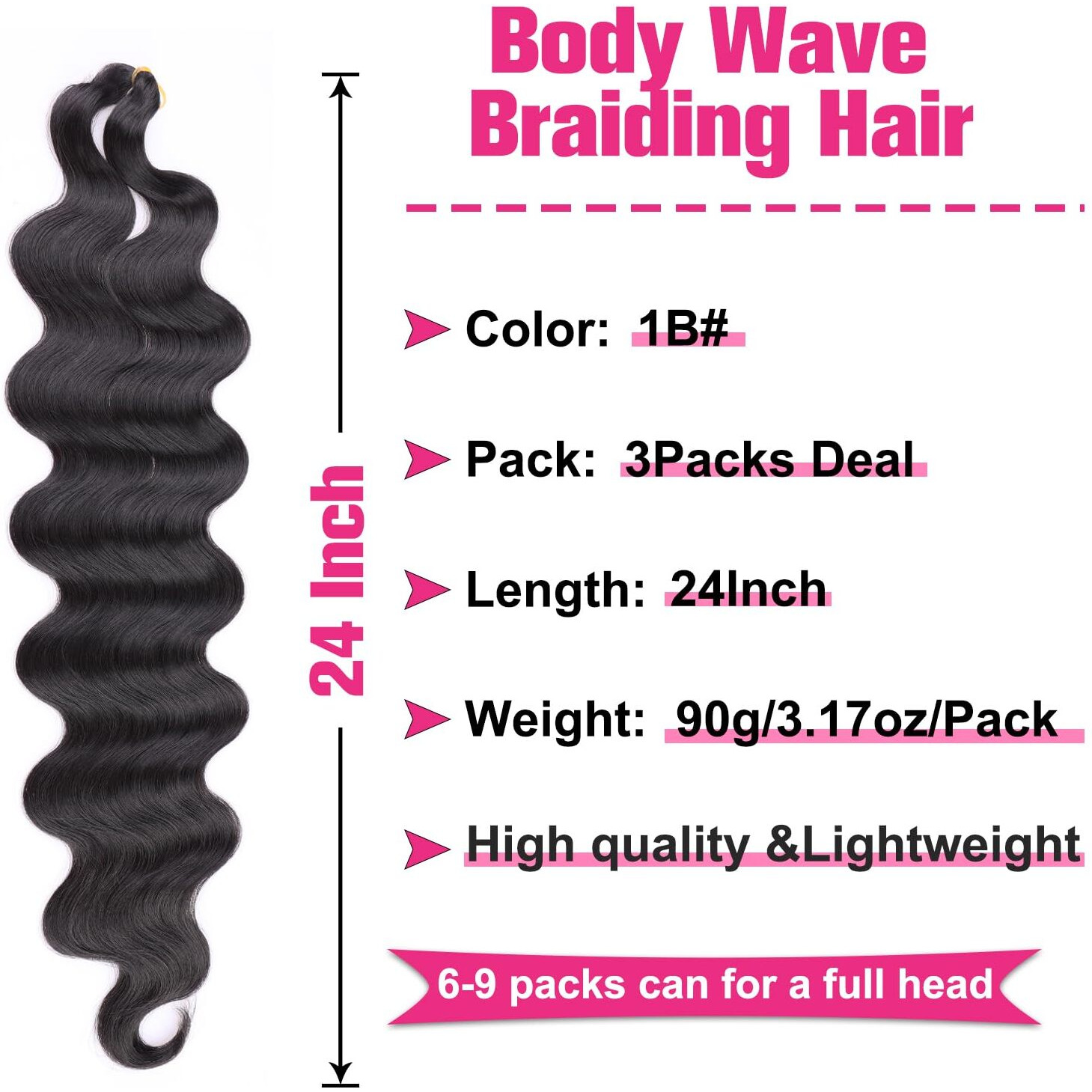 Unionbeauty Body Wave Braiding Hair 24 Inch 3 Pack Pre-Feathered Braiding Hair Black Boho Box Braids For Goddess Box Braids Hair Deep Wave Crochet Hair Synthetic Hair Extension Crochet Braids (1B)