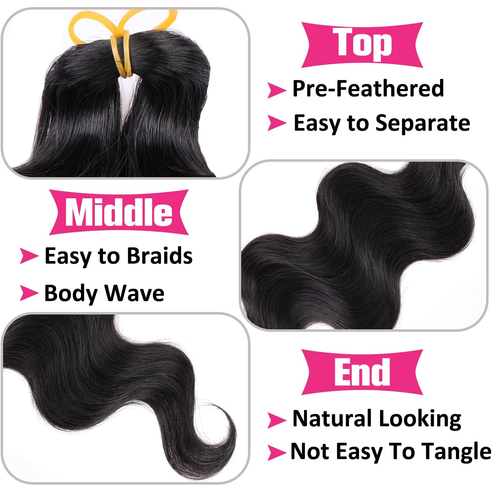 Unionbeauty Body Wave Braiding Hair 24 Inch 3 Pack Pre-Feathered Braiding Hair Black Boho Box Braids For Goddess Box Braids Hair Deep Wave Crochet Hair Synthetic Hair Extension Crochet Braids (1B)