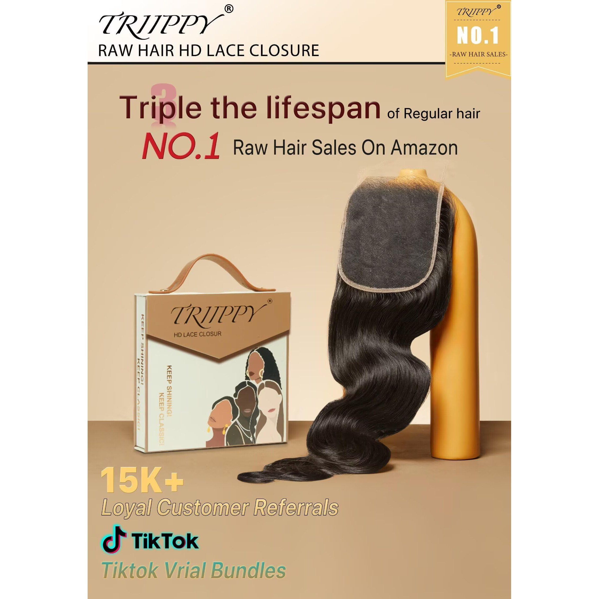 Triippy Raw Hair 5X5 Hd Lace Closure Body Wave More Less Shedding Than Regular Virgin Hair,0.10Mm Ultra-Thin 5X5 Swiss Real Hd Lace With 100% Raw Cambodian Human Hair(12 Inch)