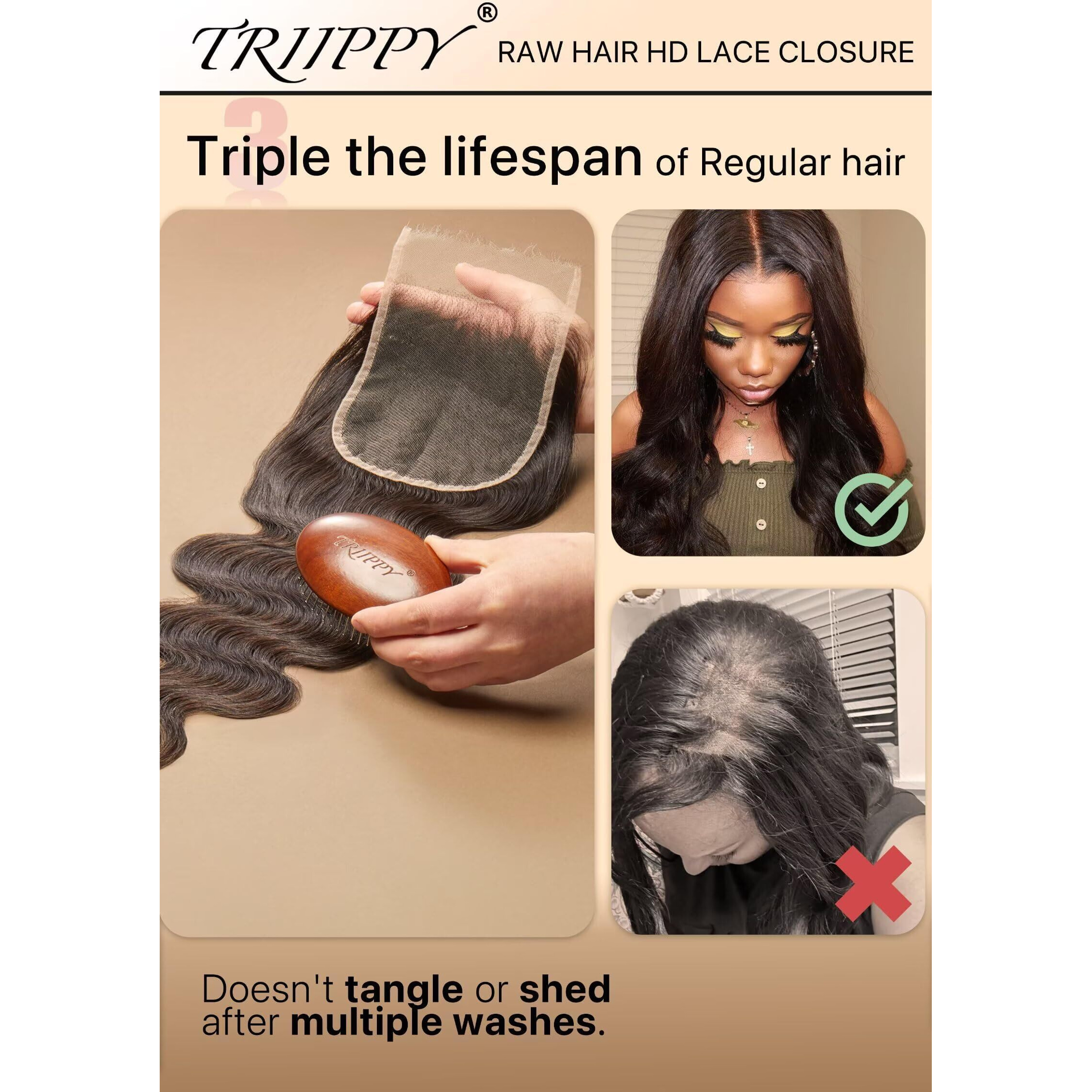 Triippy Raw Hair 5X5 Hd Lace Closure Body Wave More Less Shedding Than Regular Virgin Hair,0.10Mm Ultra-Thin 5X5 Swiss Real Hd Lace With 100% Raw Cambodian Human Hair(12 Inch)