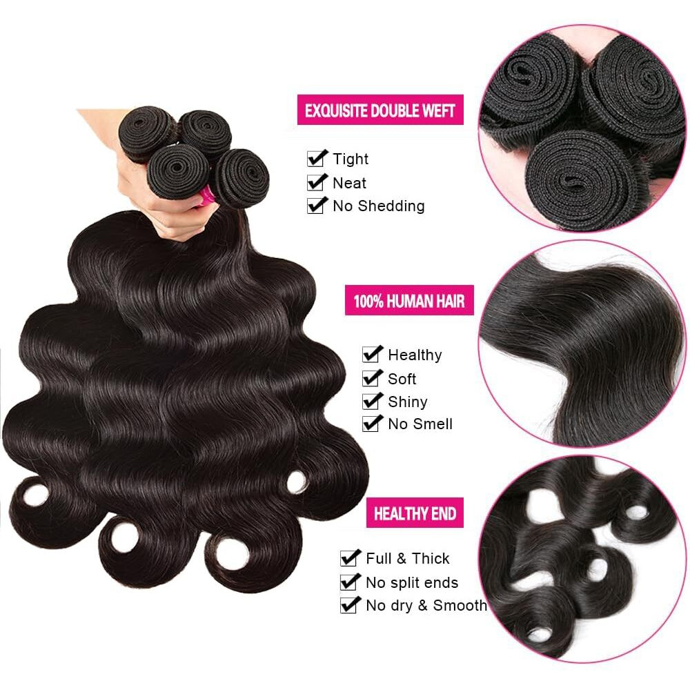 Brazilian Body Wave Human Hair 4 Bundles 18 20 22 24 Inch 100% Unprocessed Virgin Body Weave Bundles Human Hair 1B Color