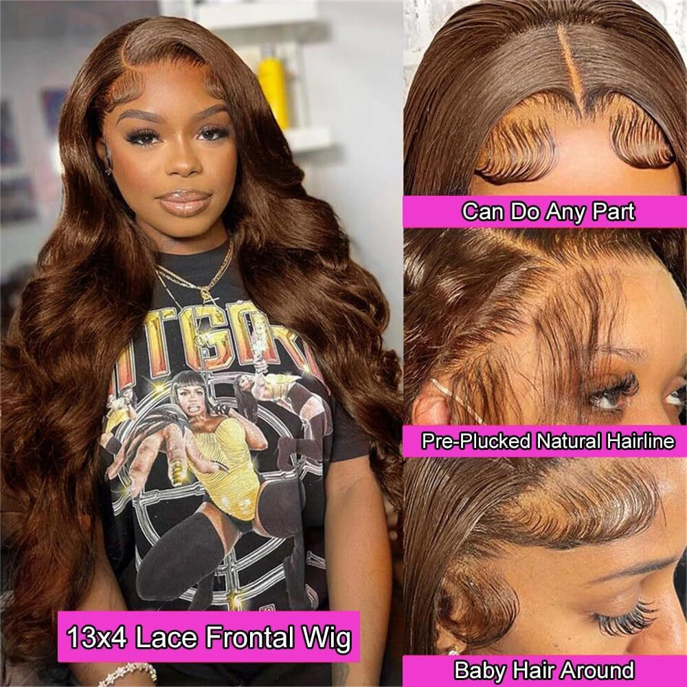 Chocolate Brown Lace Front Wigs Human Hair Body Wave 26 Inch 13X4 Brown Lace Front Wig Wear And Go Glueless Brown Wig Human Hair Pre Plucked 180% Density Colored Hd Lace Frontal Wigs For Black Women