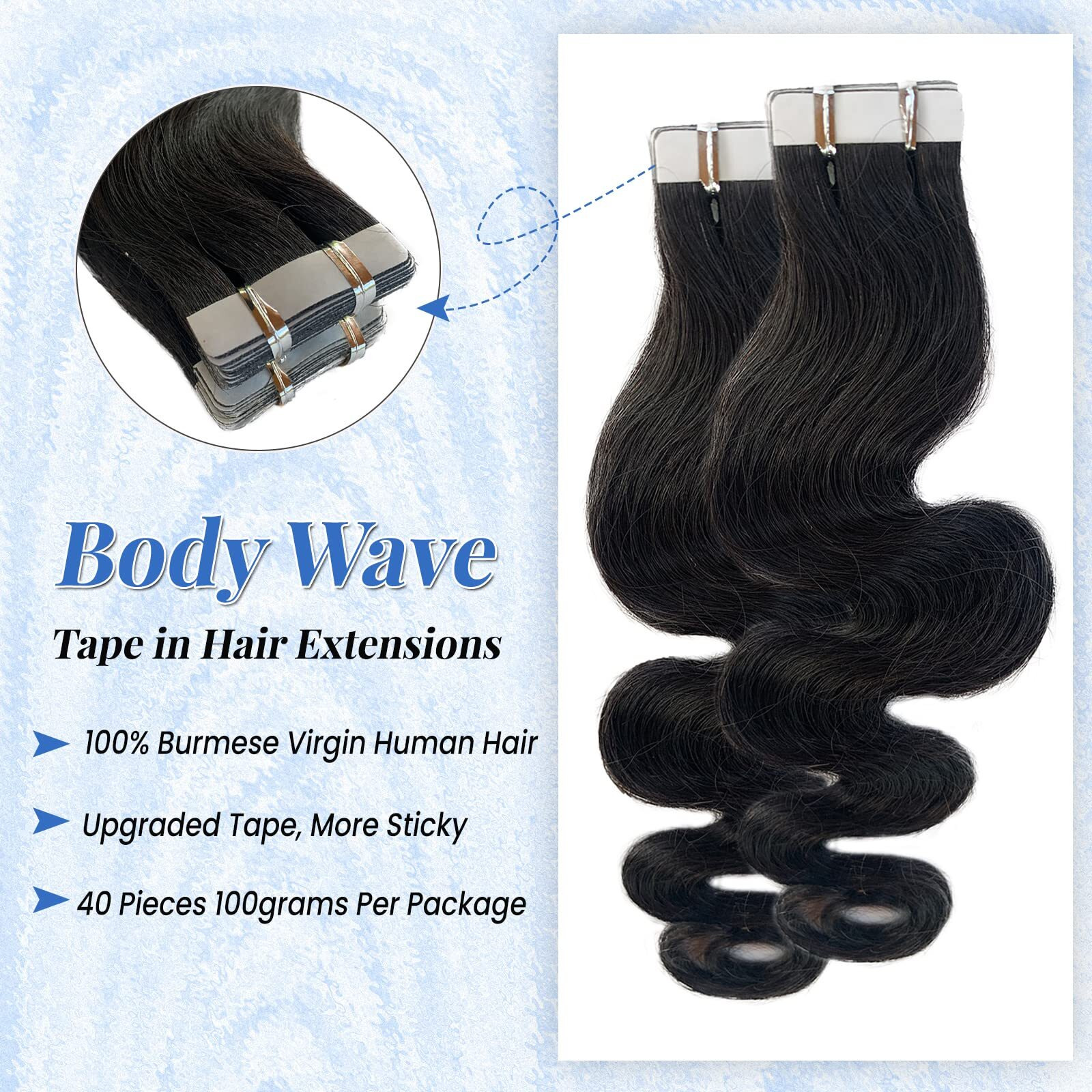 Body Wave Tape In Hair Extensions Human Hair 40Pcs 100G Double Sided 1B Natural Black Wavy Hair Extensions Real Human Hair Tape In 16 Inch