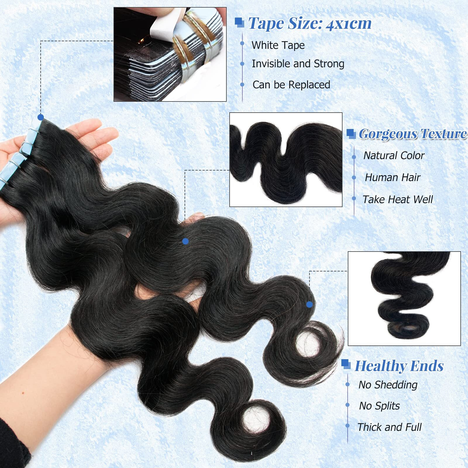 Body Wave Tape In Hair Extensions Human Hair 40Pcs 100G Double Sided 1B Natural Black Wavy Hair Extensions Real Human Hair Tape In 16 Inch