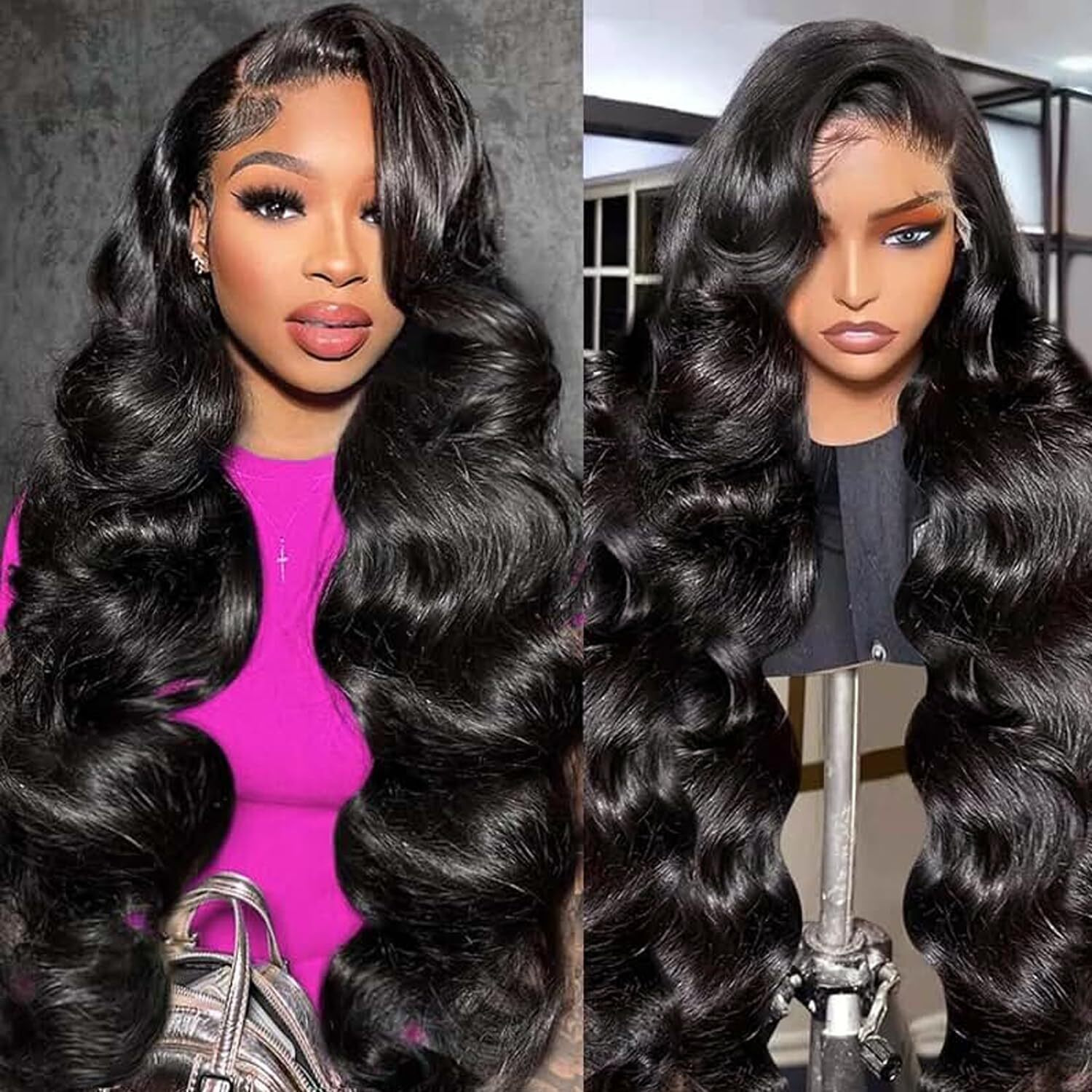Vnfm 13X6 Body Wave Lace Front Wigs Human Hair 220Density Hd Lace Frontal Wigs Human Hair Pre Plucked Human Hair Wig For Women (Black, 30Inch)