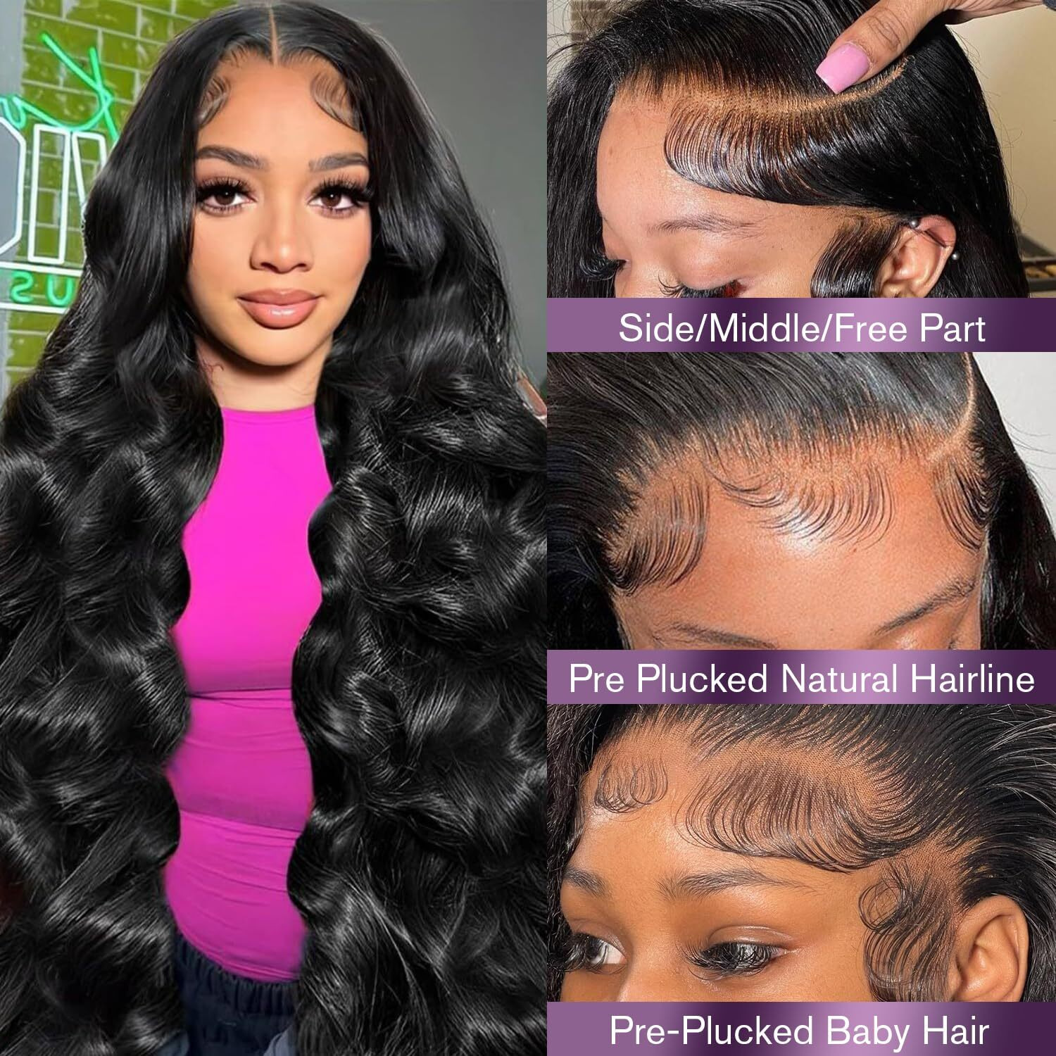 Vnfm 13X6 Body Wave Lace Front Wigs Human Hair 220Density Hd Lace Frontal Wigs Human Hair Pre Plucked Human Hair Wig For Women (Black, 30Inch)
