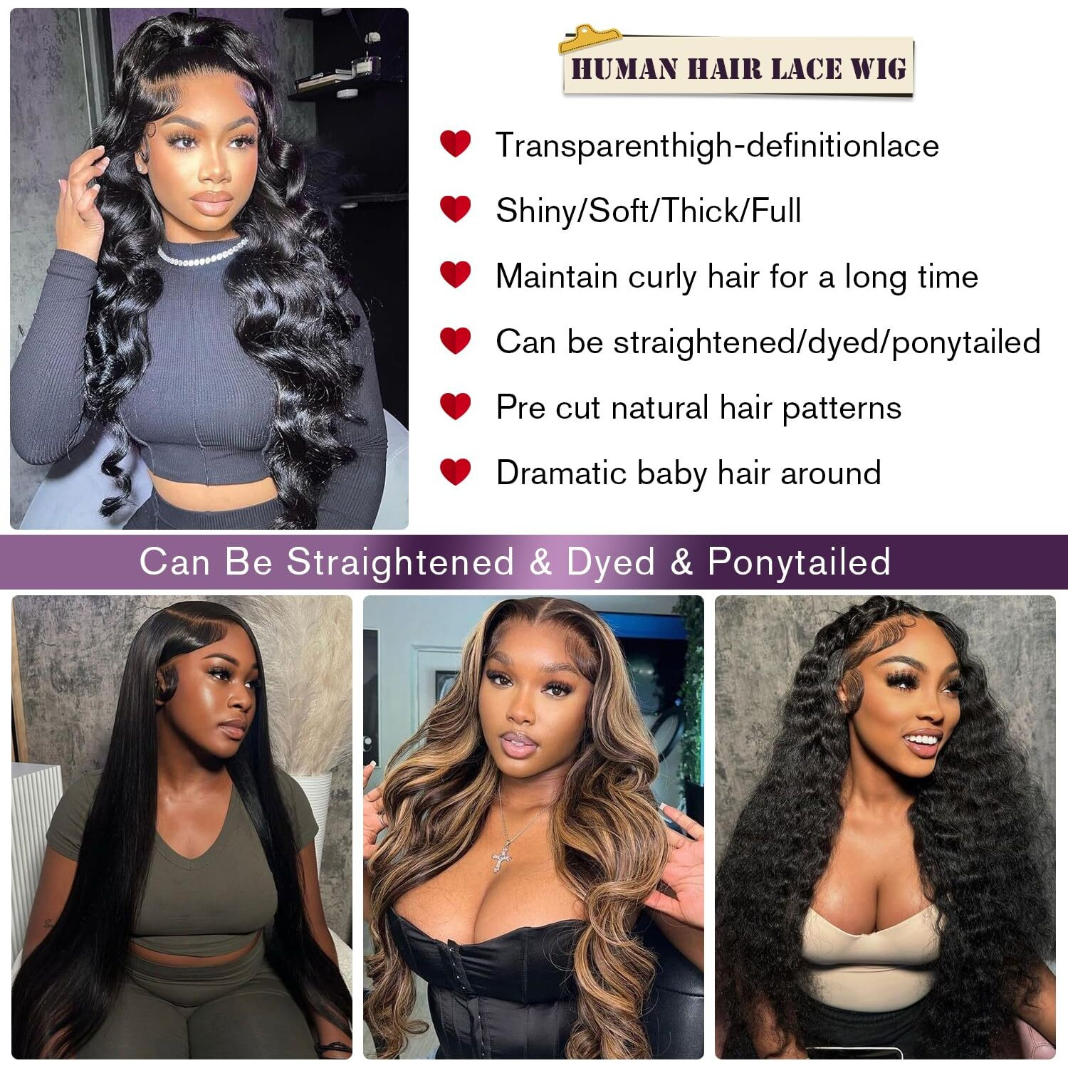Vnfm 13X6 Body Wave Lace Front Wigs Human Hair 220Density Hd Lace Frontal Wigs Human Hair Pre Plucked Human Hair Wig For Women (Black, 30Inch)