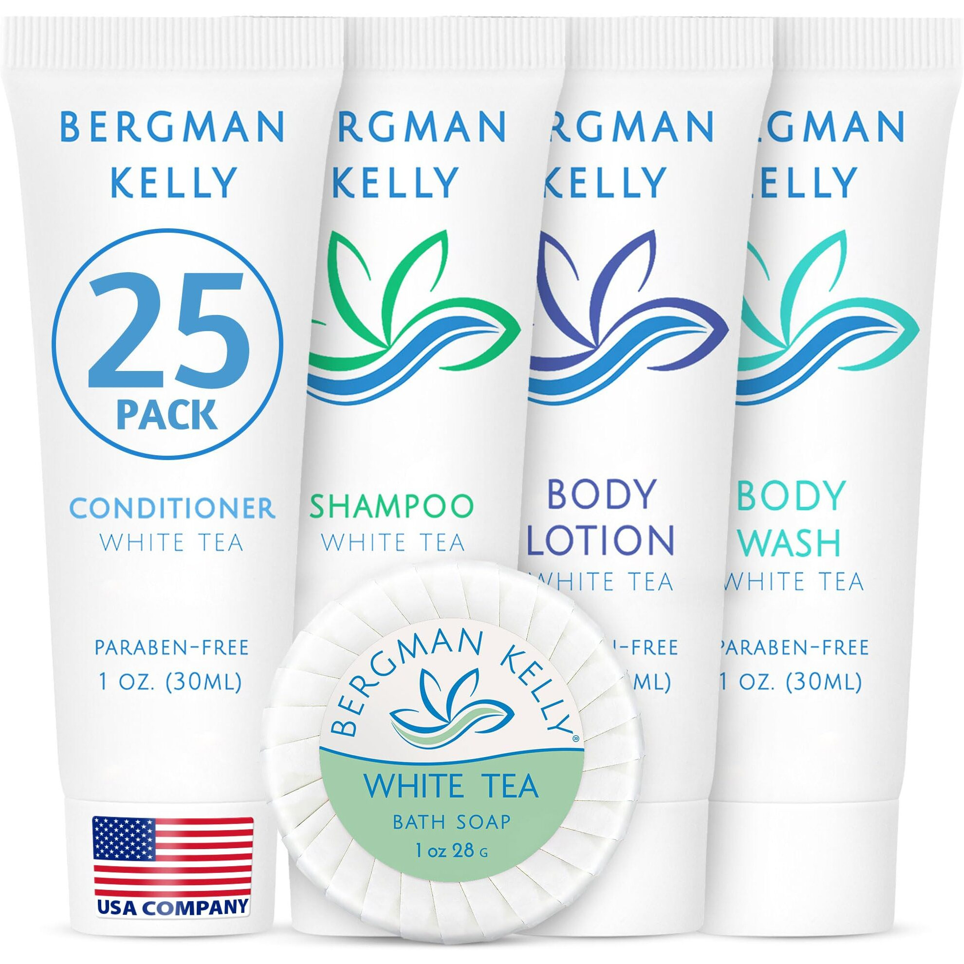 Bergman Kelly - Hotel Toiletries Bundle - White Tea, 1 Oz Each, 125 Pieces - 5-Piece Set 25 Each Round Bar Soap, Shampoo, Conditioner, Body Lotion & Body Wash - Bulk Mini Guest Amenities