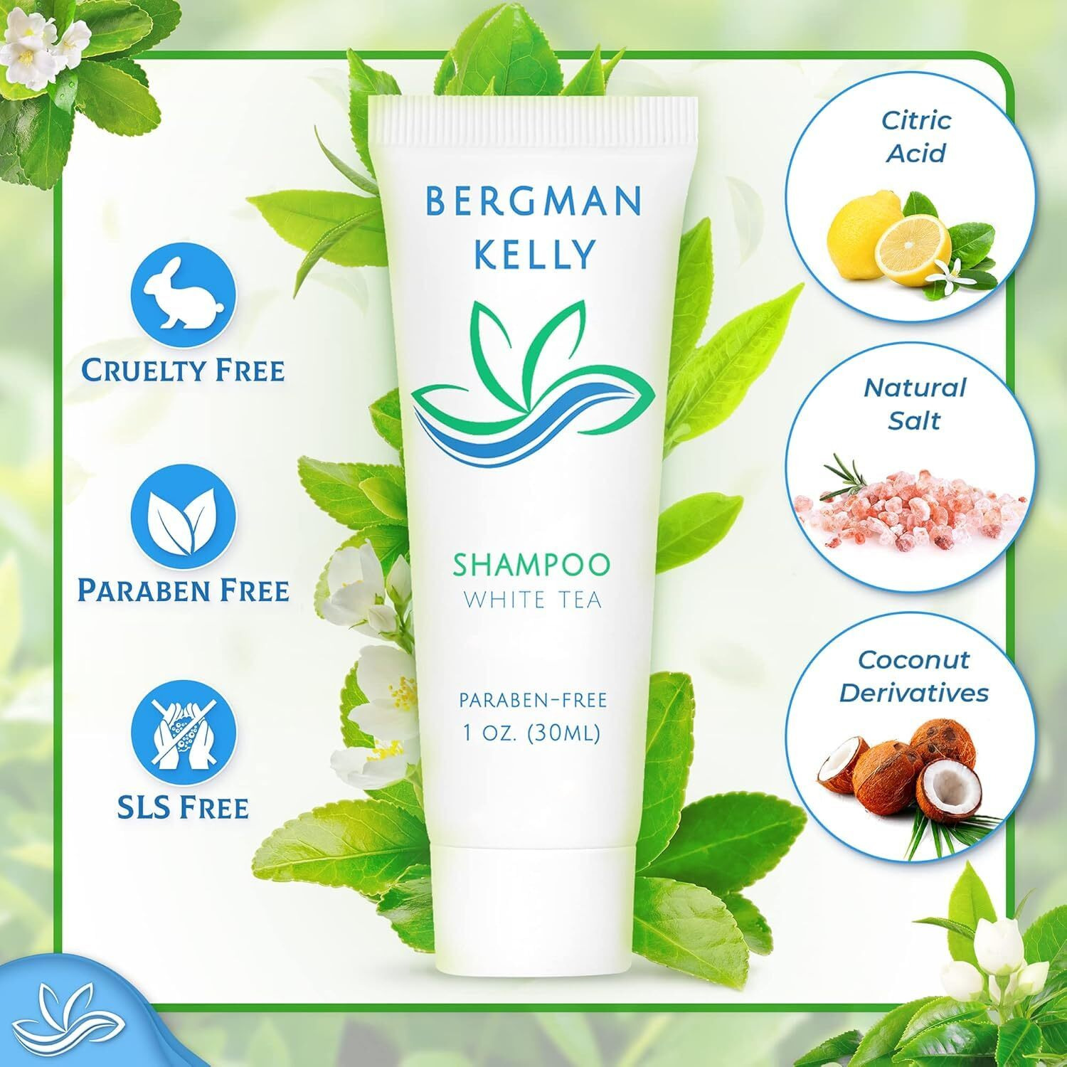 Bergman Kelly - Hotel Toiletries Bundle - White Tea, 1 Oz Each, 125 Pieces - 5-Piece Set 25 Each Round Bar Soap, Shampoo, Conditioner, Body Lotion & Body Wash - Bulk Mini Guest Amenities