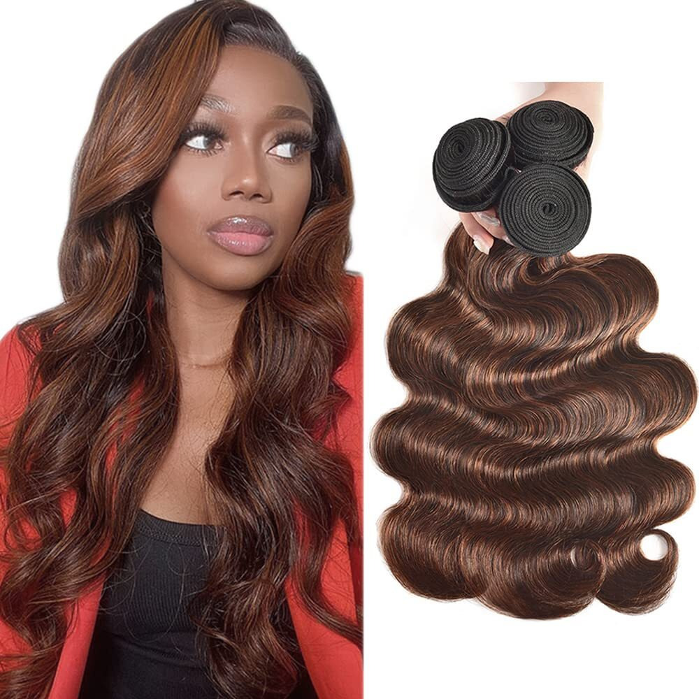 P4/30 Highlight Brown Bundles Human Hair Body Wave Bundles 26 28 30 Inch Unprocessed Brazilian Virgin Hair Weave 3 Bundle Chocolate Human Hair Extensions 50 Grams Per Bundle