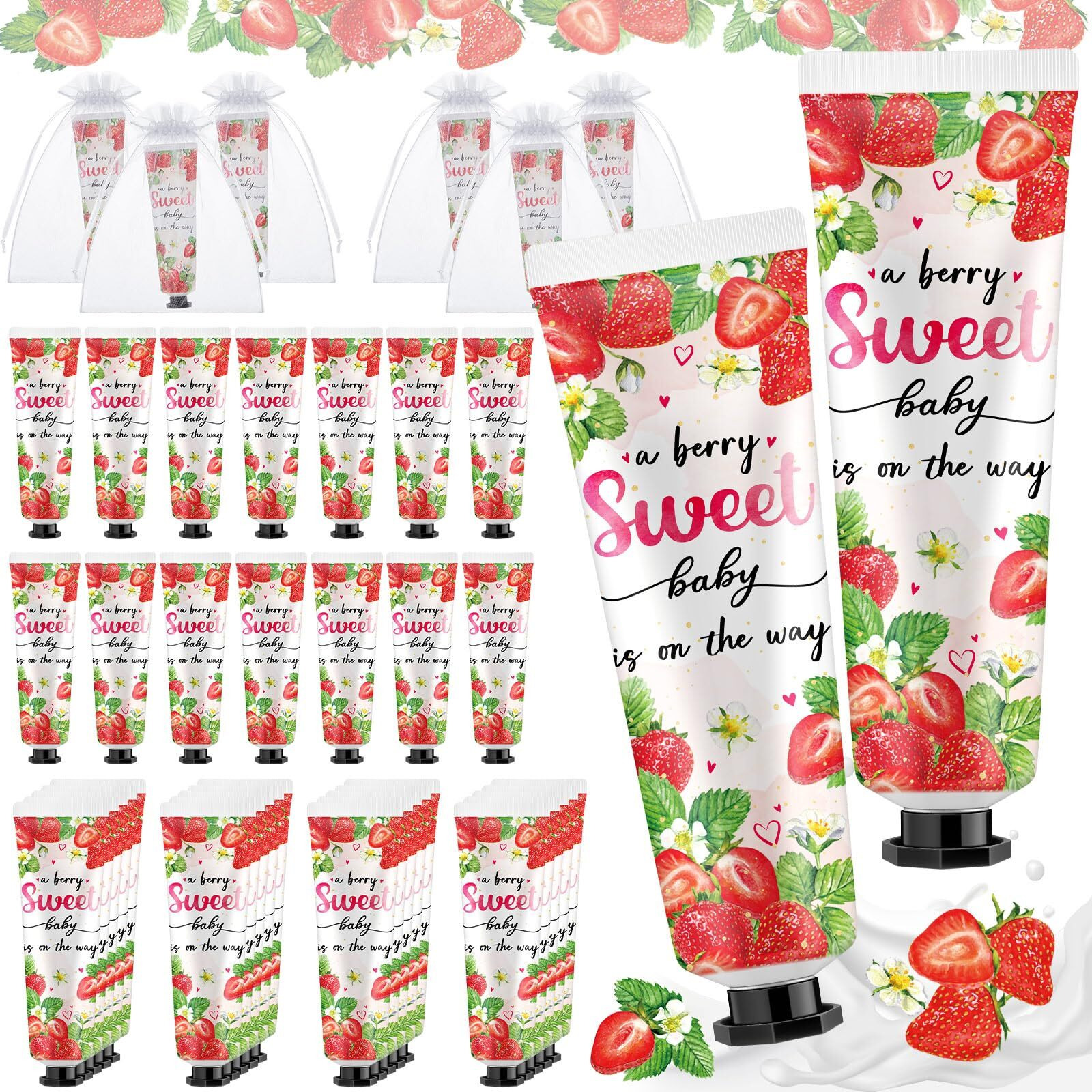 Swiffen 48 Sets Baby Shower Hand Cream Bulk Strawberry Baby Shower Favors Bridal Thank You Hand Cream For Guests Travel Size Lotion With Organza Bags