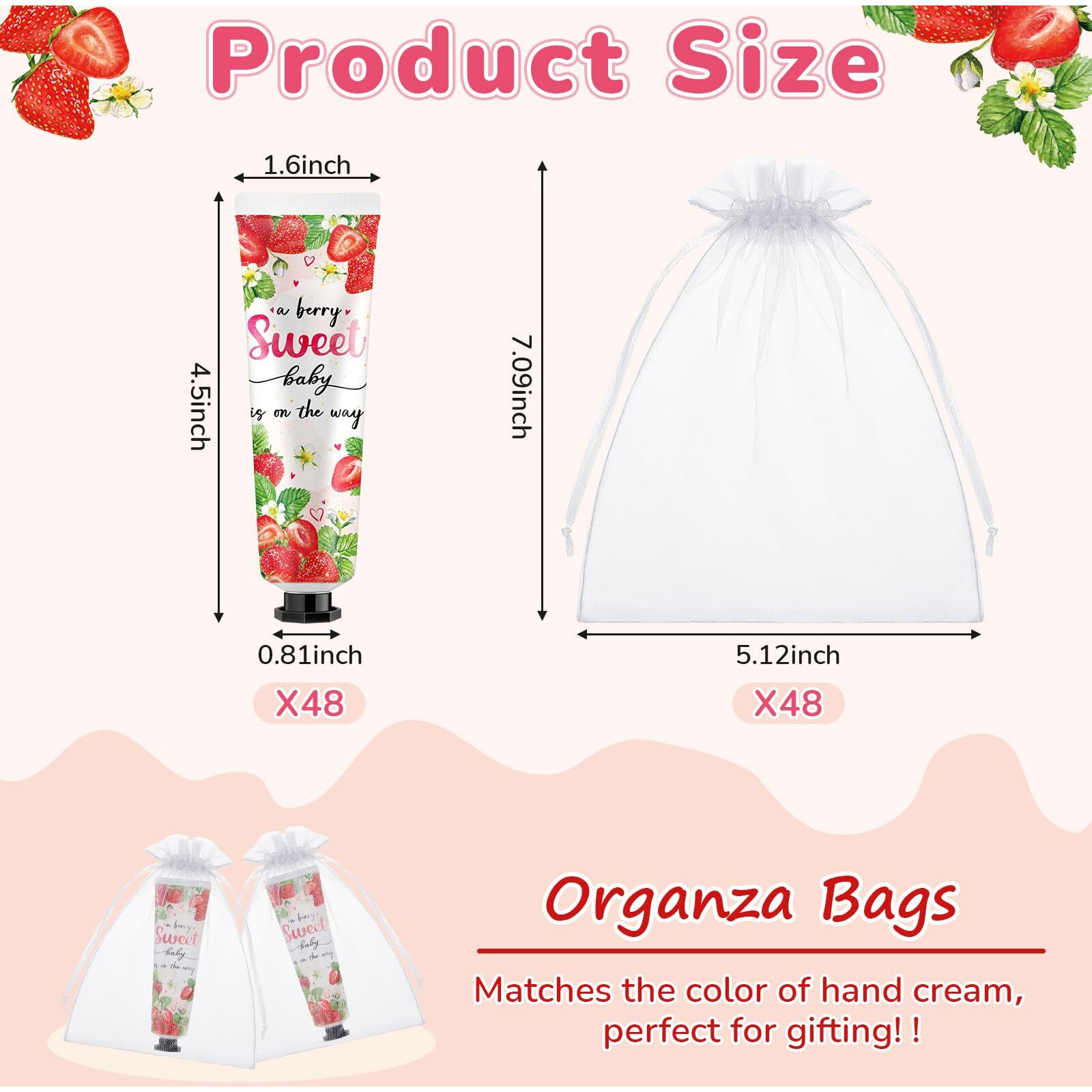 Swiffen 48 Sets Baby Shower Hand Cream Bulk Strawberry Baby Shower Favors Bridal Thank You Hand Cream For Guests Travel Size Lotion With Organza Bags