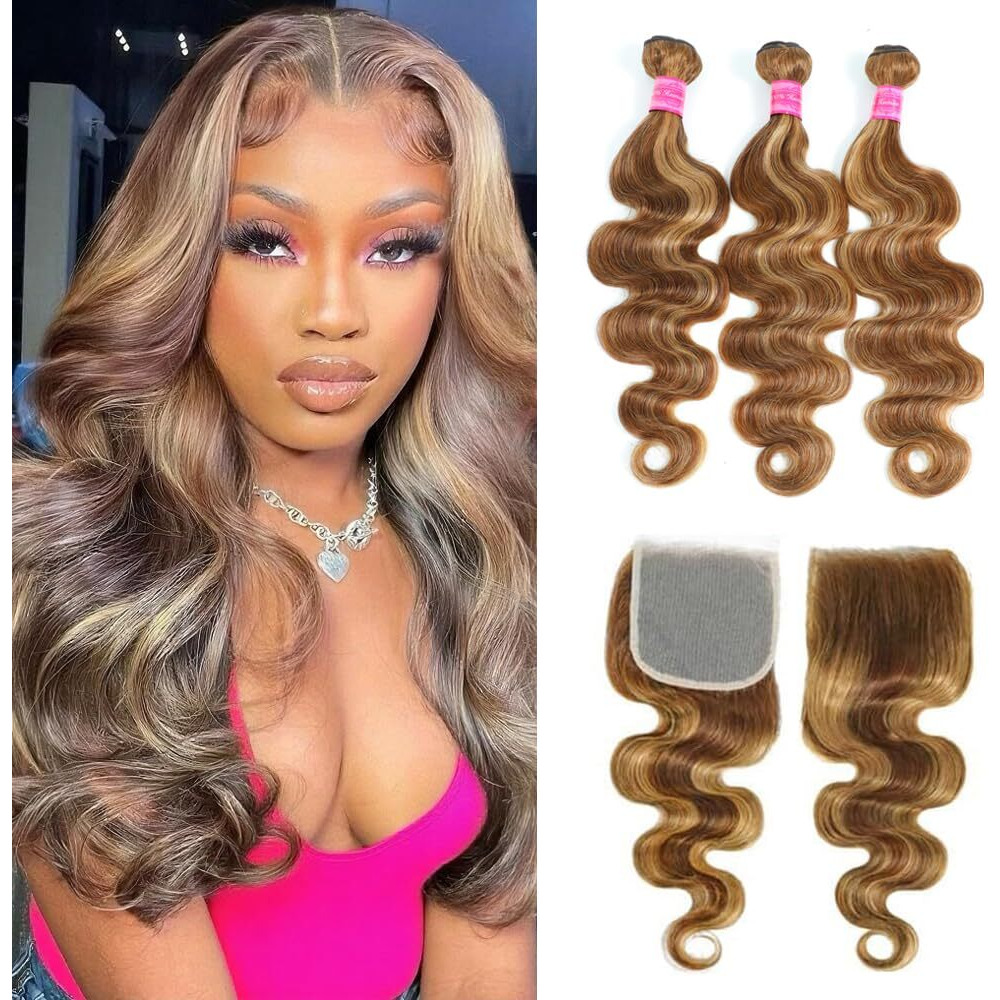 Honey Blonde Highlight Body Wave Bundles With 5X5 Closure 100% Unprocessed Brazilian Ombre Body Wave Human Hair 3 Bundles With 5X5 Lace Closure Human Hair Bundles Piano Color